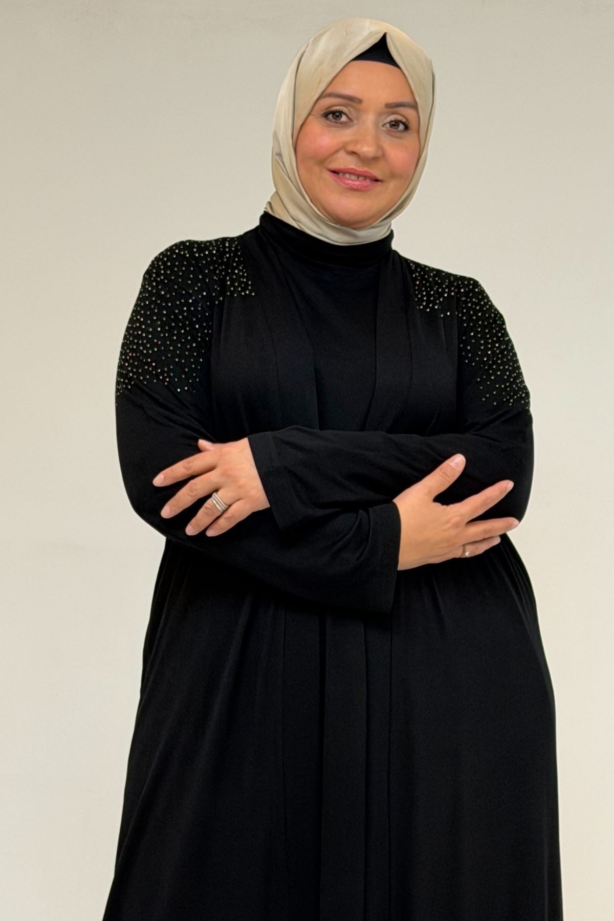 53069-E Büyük Beden Omzu Taş Detaylı Penye Ceket - Siyah 