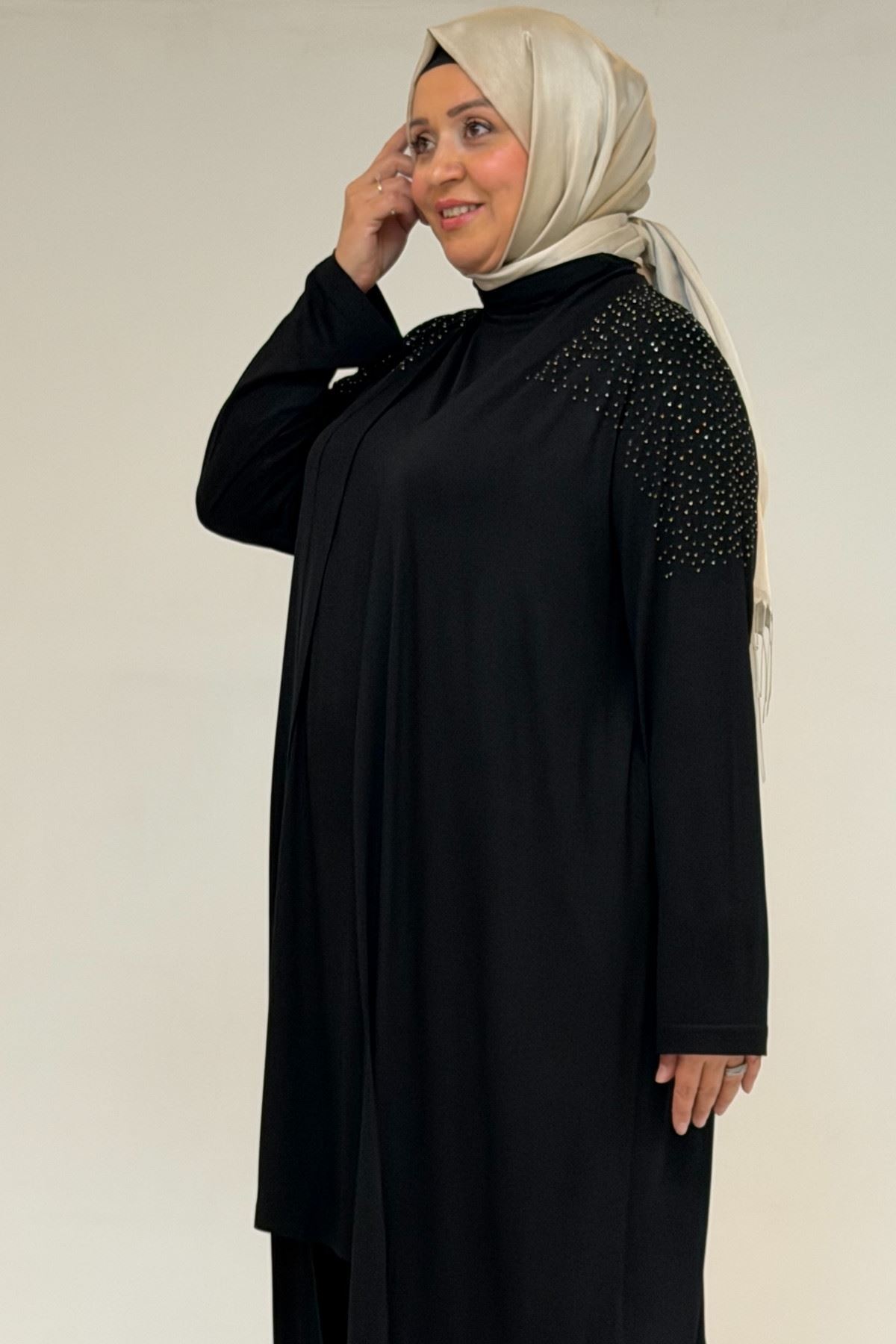 53069-E Büyük Beden Omzu Taş Detaylı Penye Ceket - Siyah 