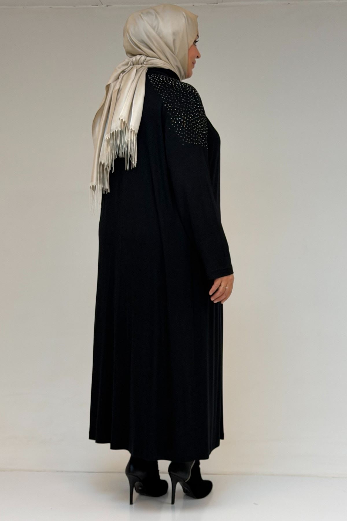 53069-E Büyük Beden Omzu Taş Detaylı Penye Ceket - Siyah 