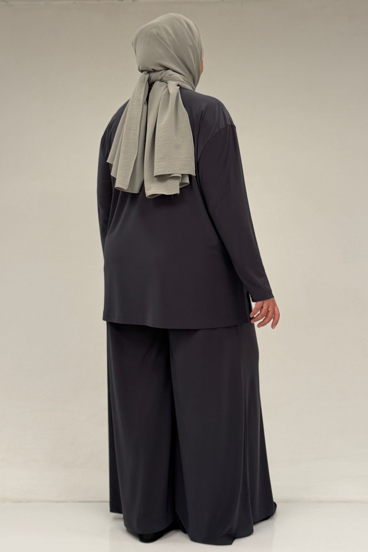 67030 Büyük Beden Yanı Yırtmaçlı Sandy Pantolonlu Takım - Antrasit