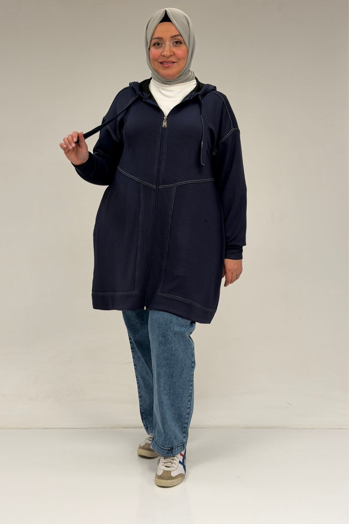 53075 Büyük Beden Dikiş Detaylı Fermuarlı Modal Ceket - Lacivert