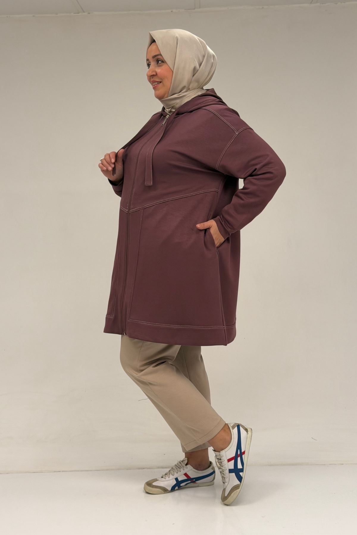 53075 Büyük Beden Dikiş Detaylı Fermuarlı Modal Ceket - Gül Kurusu