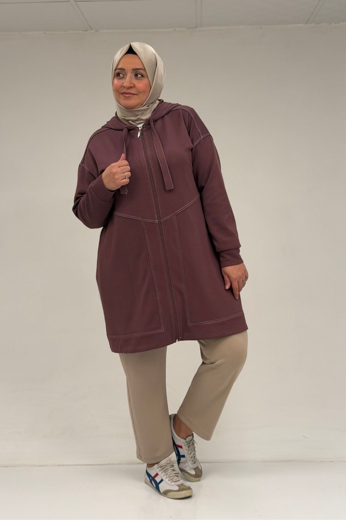 53075 Büyük Beden Dikiş Detaylı Fermuarlı Modal Ceket - Gül Kurusu