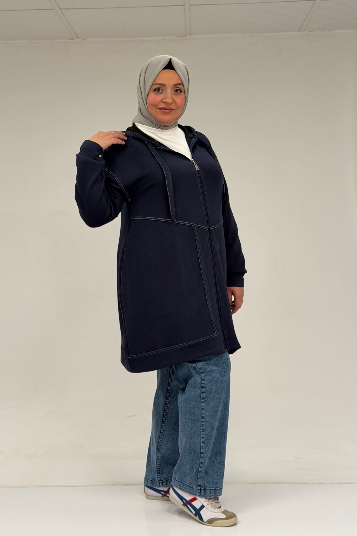 53075 Büyük Beden Dikiş Detaylı Fermuarlı Modal Ceket - Lacivert