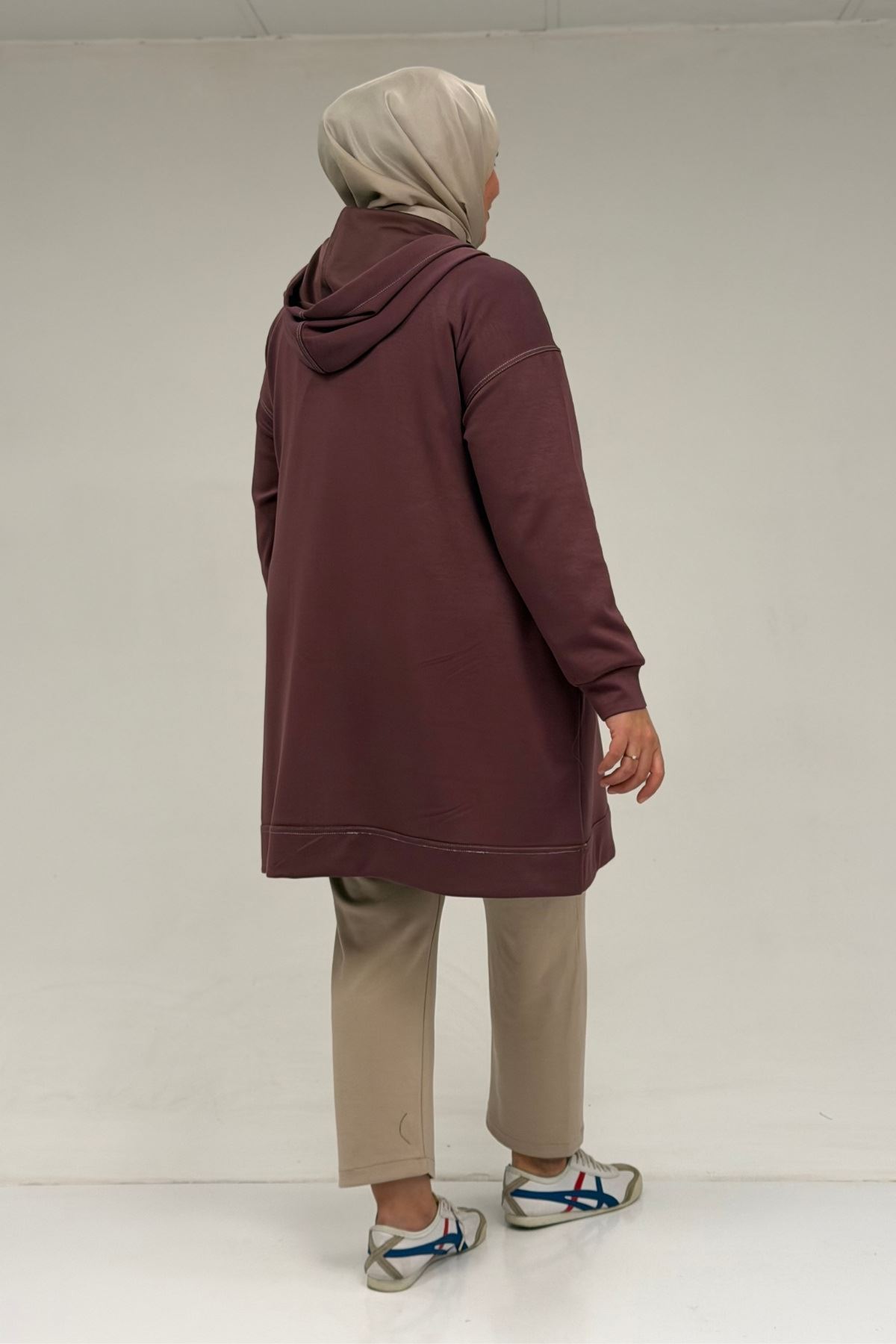 53075 Büyük Beden Dikiş Detaylı Fermuarlı Modal Ceket - Gül Kurusu