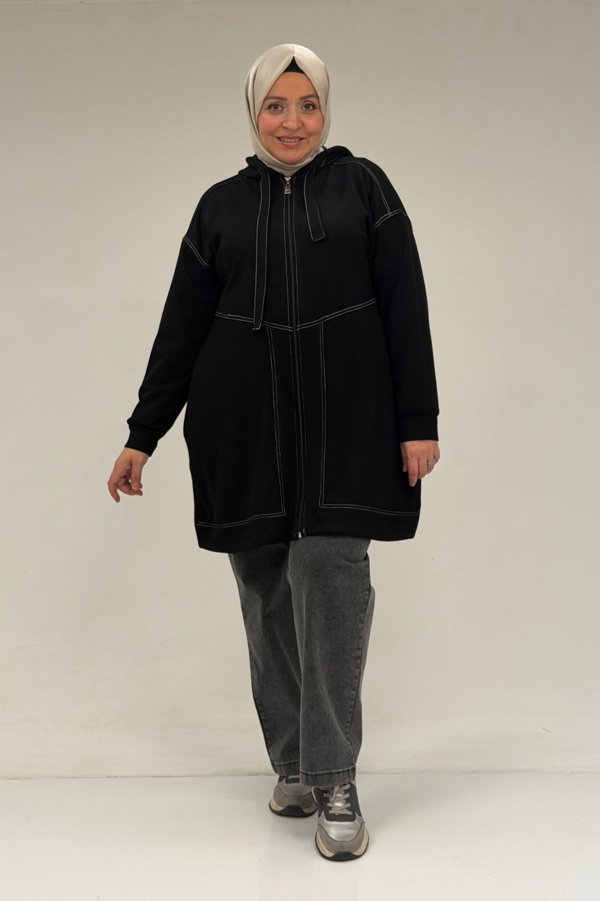 53075 Büyük Beden Dikiş Detaylı Fermuarlı Modal Ceket - Siyah