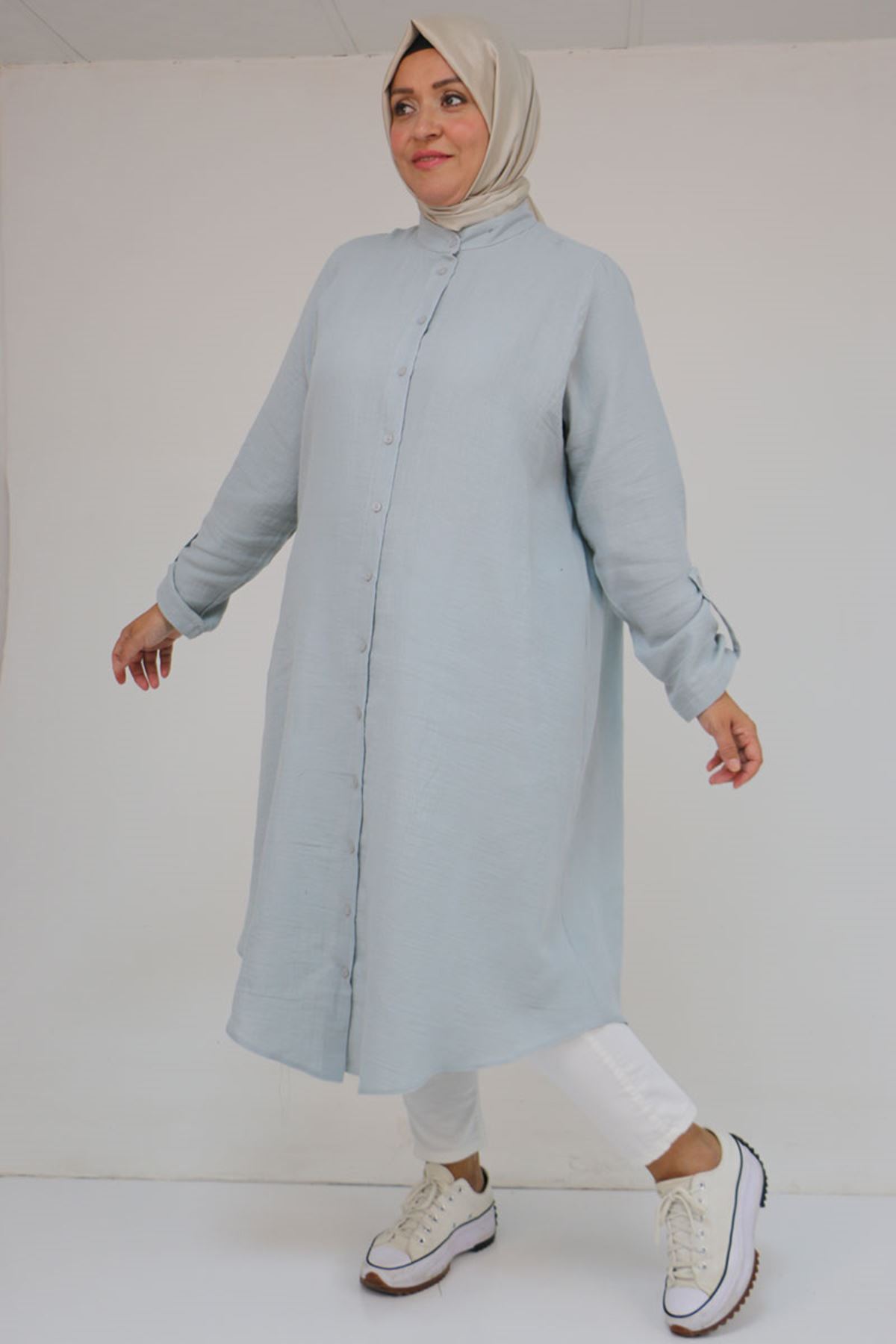 68013 Büyük Beden Tek Düğme Detaylı Müslin Gömlek - Gri