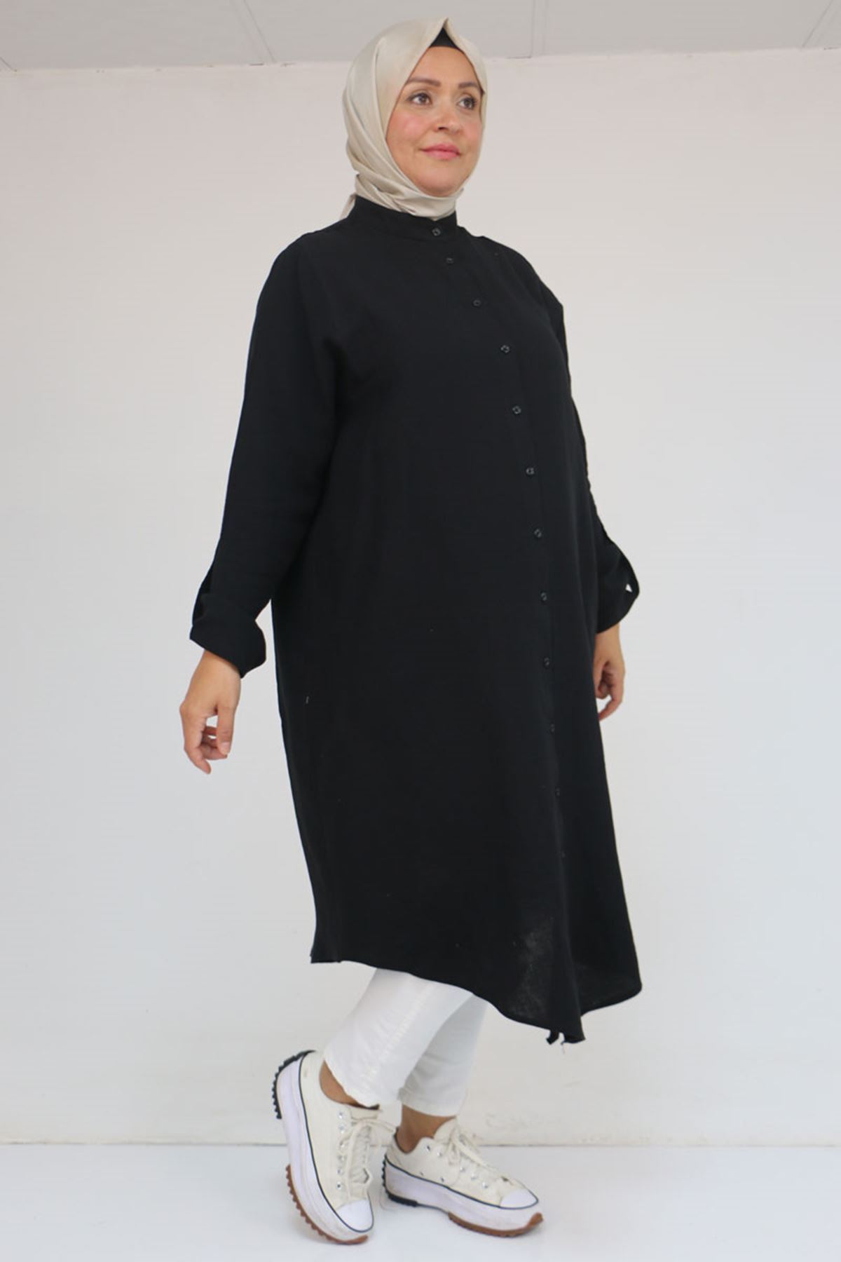 68013 Büyük Beden Tek Düğme Detaylı Müslin Gömlek - Siyah