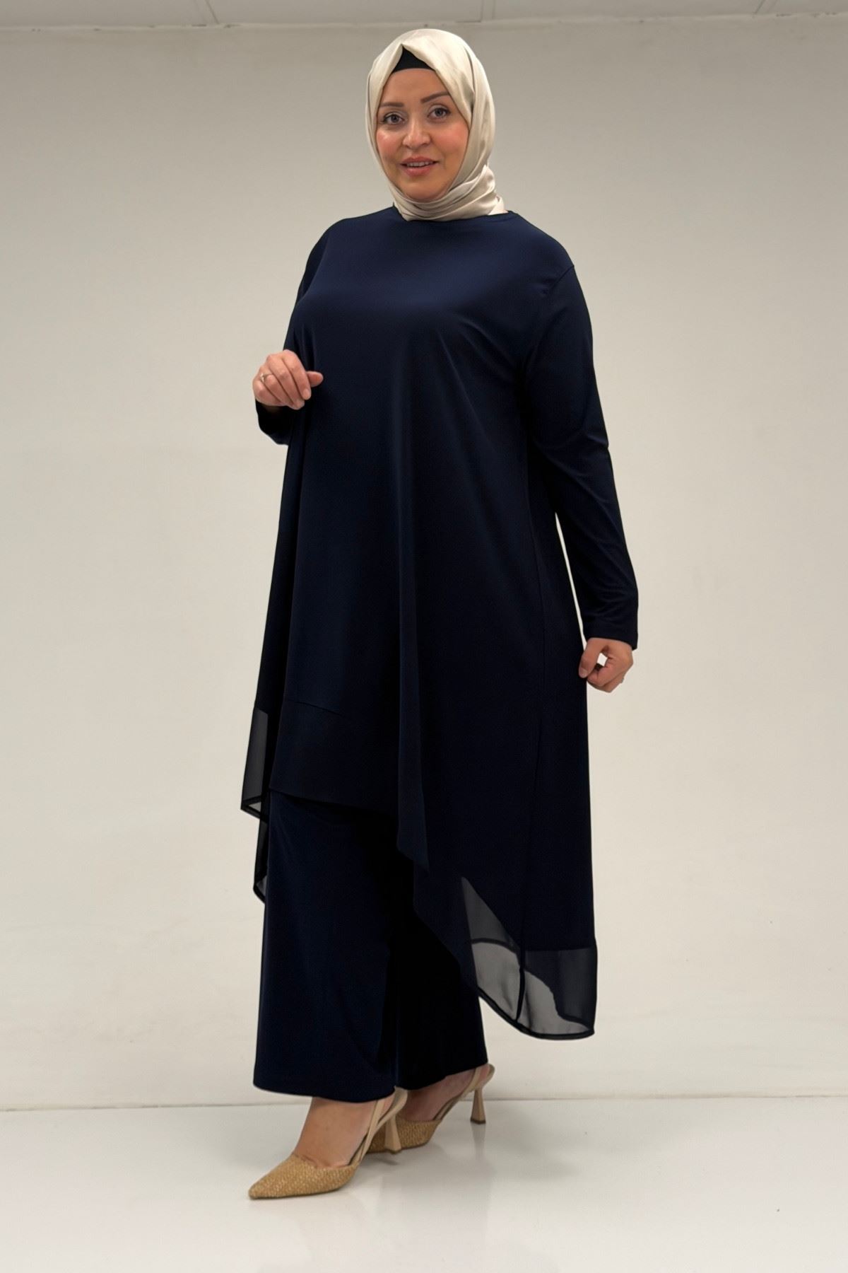 37017 Büyük Beden Sandy-Şifon Pantolonlu Takım - Lacivert