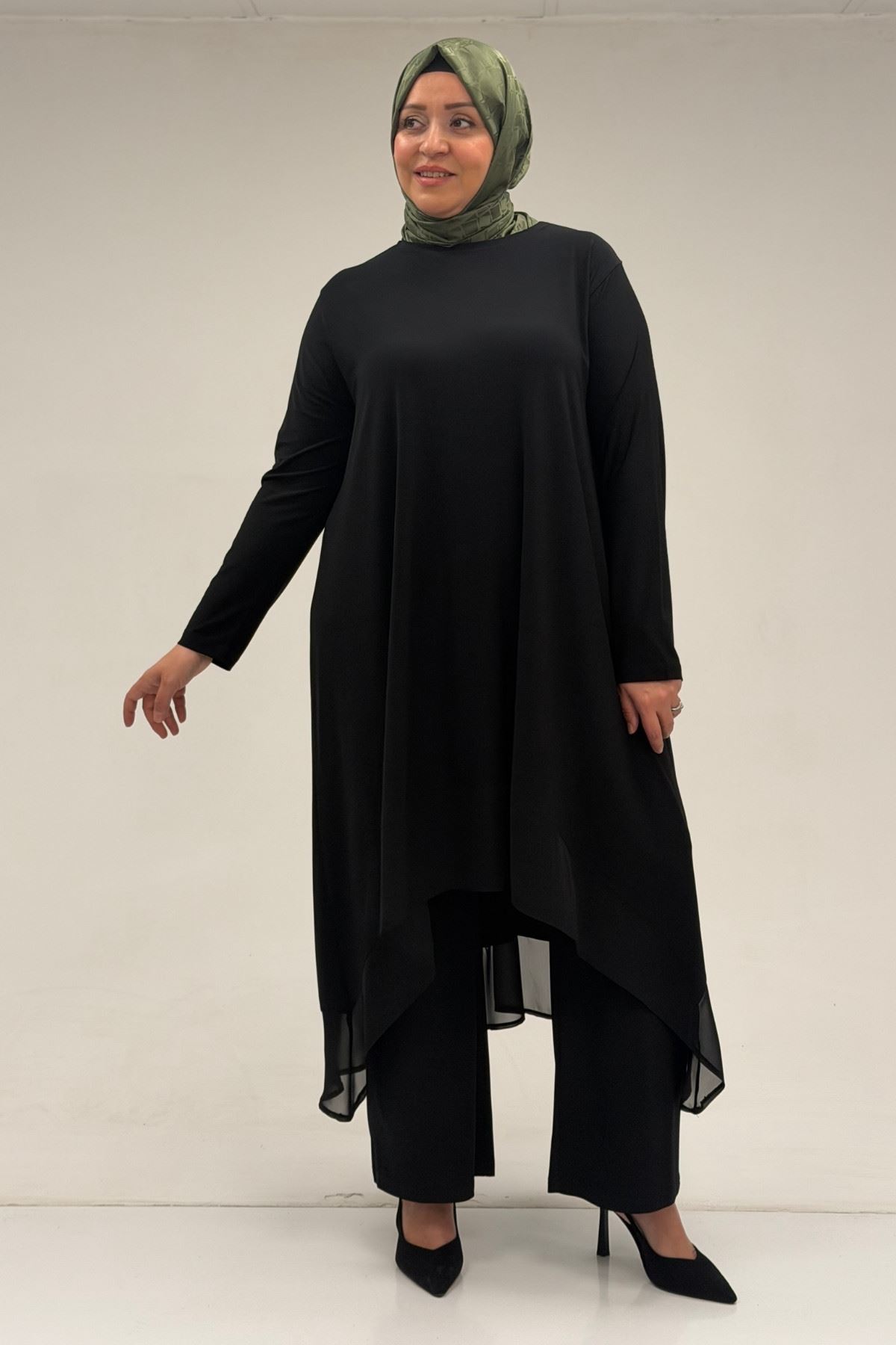 37017 Büyük Beden Sandy-Şifon Pantolonlu Takım - Siyah