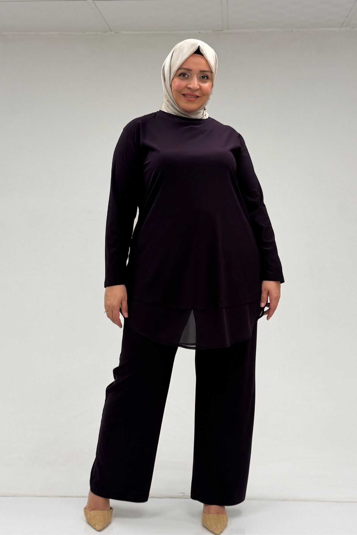 67009 Büyük Beden Etek Ucu Şifon Detaylı Sandy Pantolonlu Takım - Mor