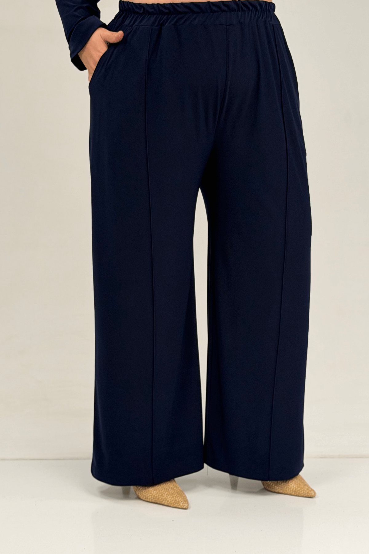 67001 Büyük Beden Kol Manşeti Duble Model Sandy Pantolonlu Takım - Lacivert