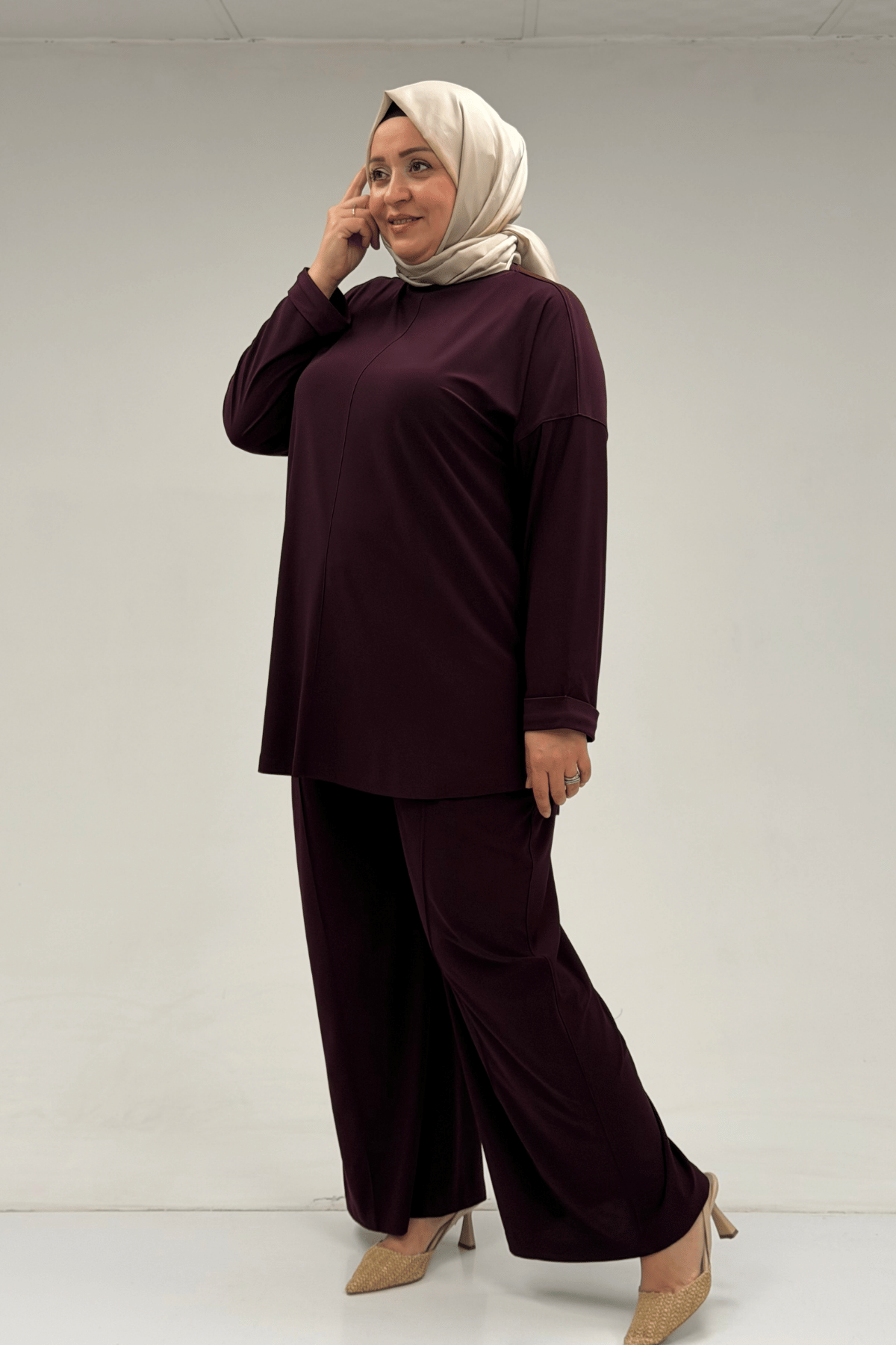 67001 Büyük Beden Kol Manşeti Duble Model Sandy Pantolonlu Takım - Mürdüm