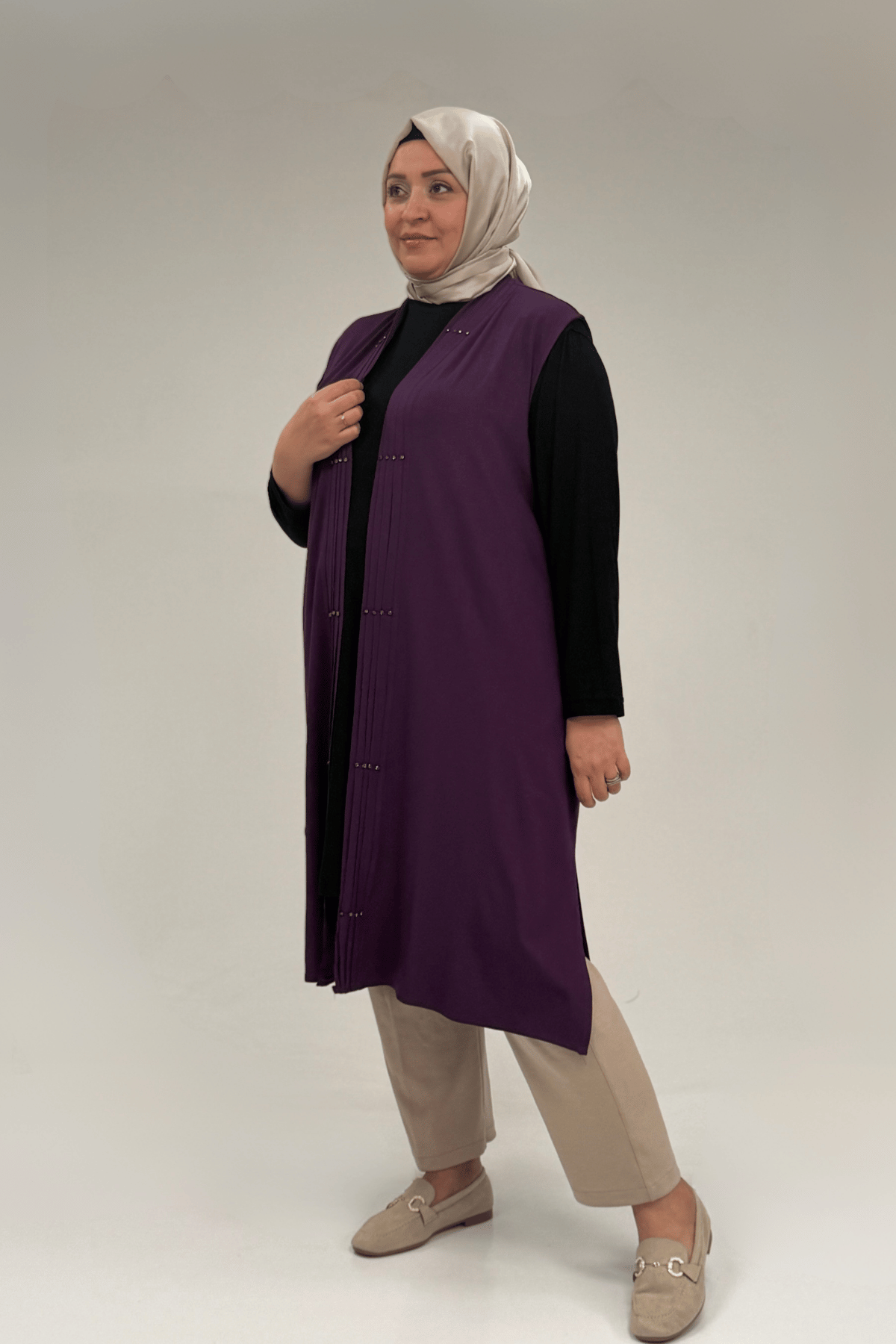 54005 Büyük Beden Patı Pileli Giy Çık Yelek - Mor