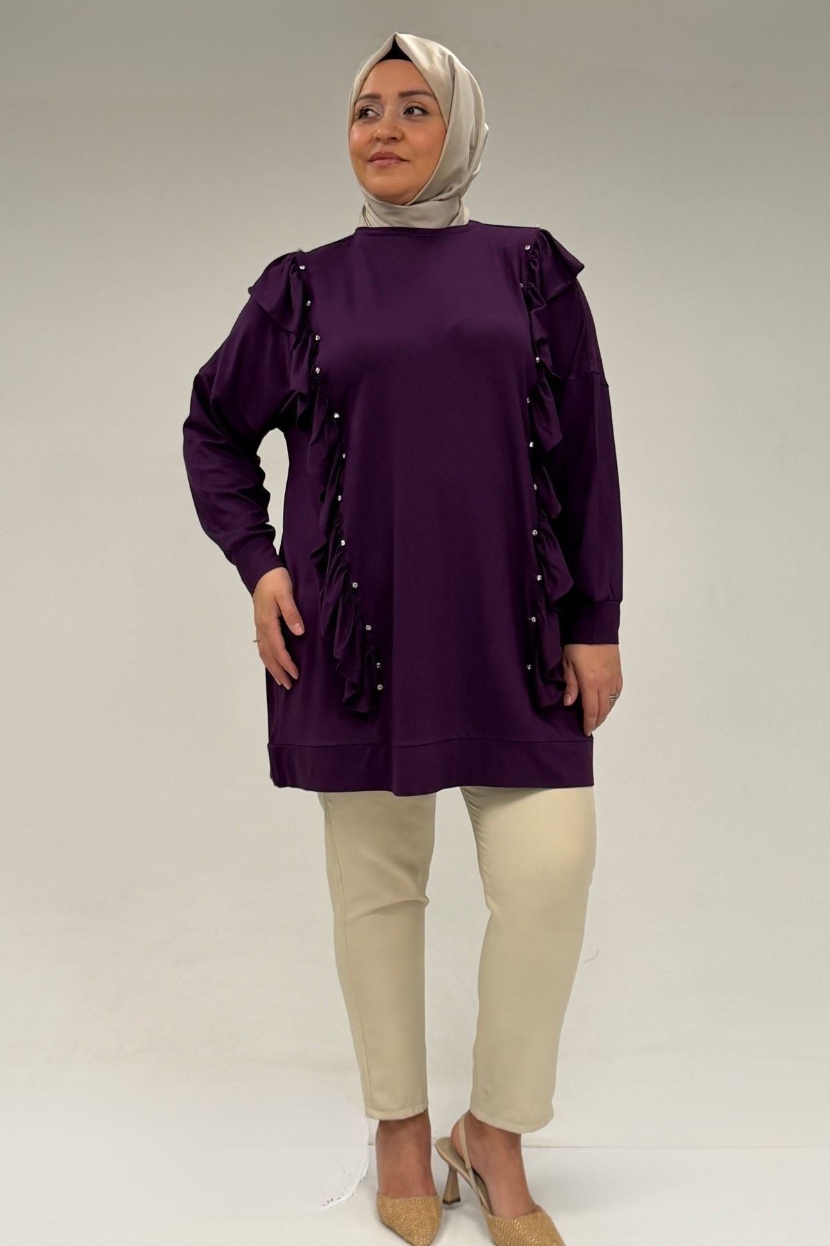 58074 Büyük Beden Fırfır Ve Taş Detaylı Penye Tunik - Mürdüm