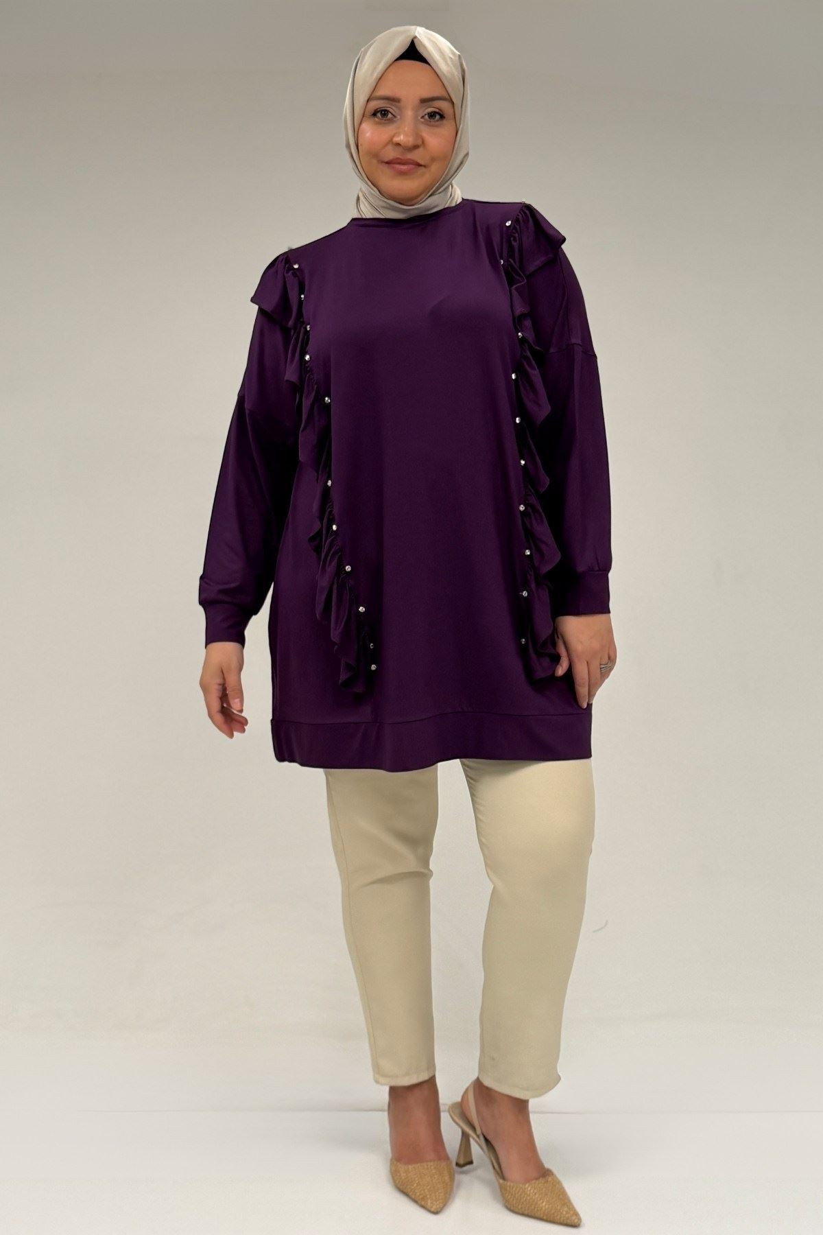 58074 Büyük Beden Fırfır Ve Taş Detaylı Penye Tunik - Mürdüm