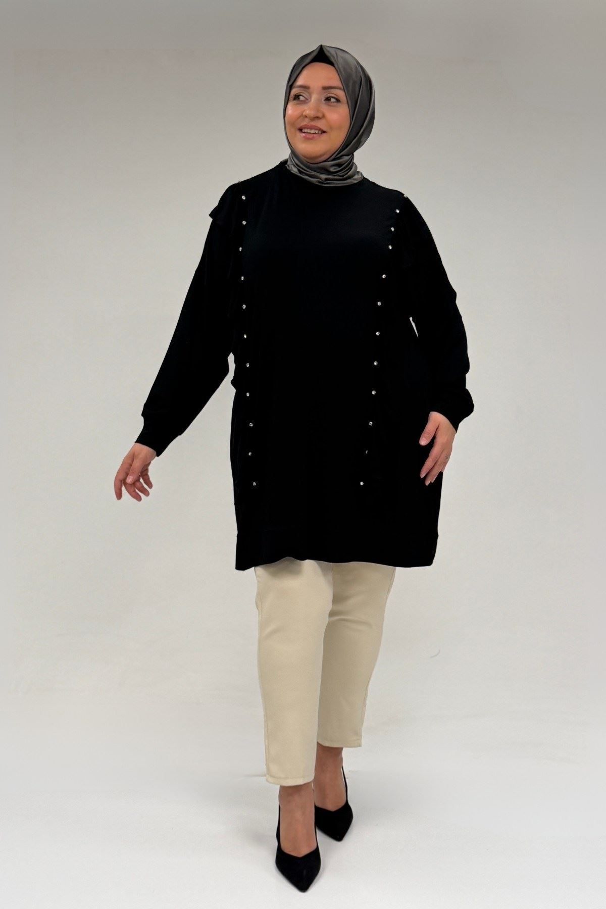 58074 Büyük Beden Fırfır Ve Taş Detaylı Penye Tunik - Siyah