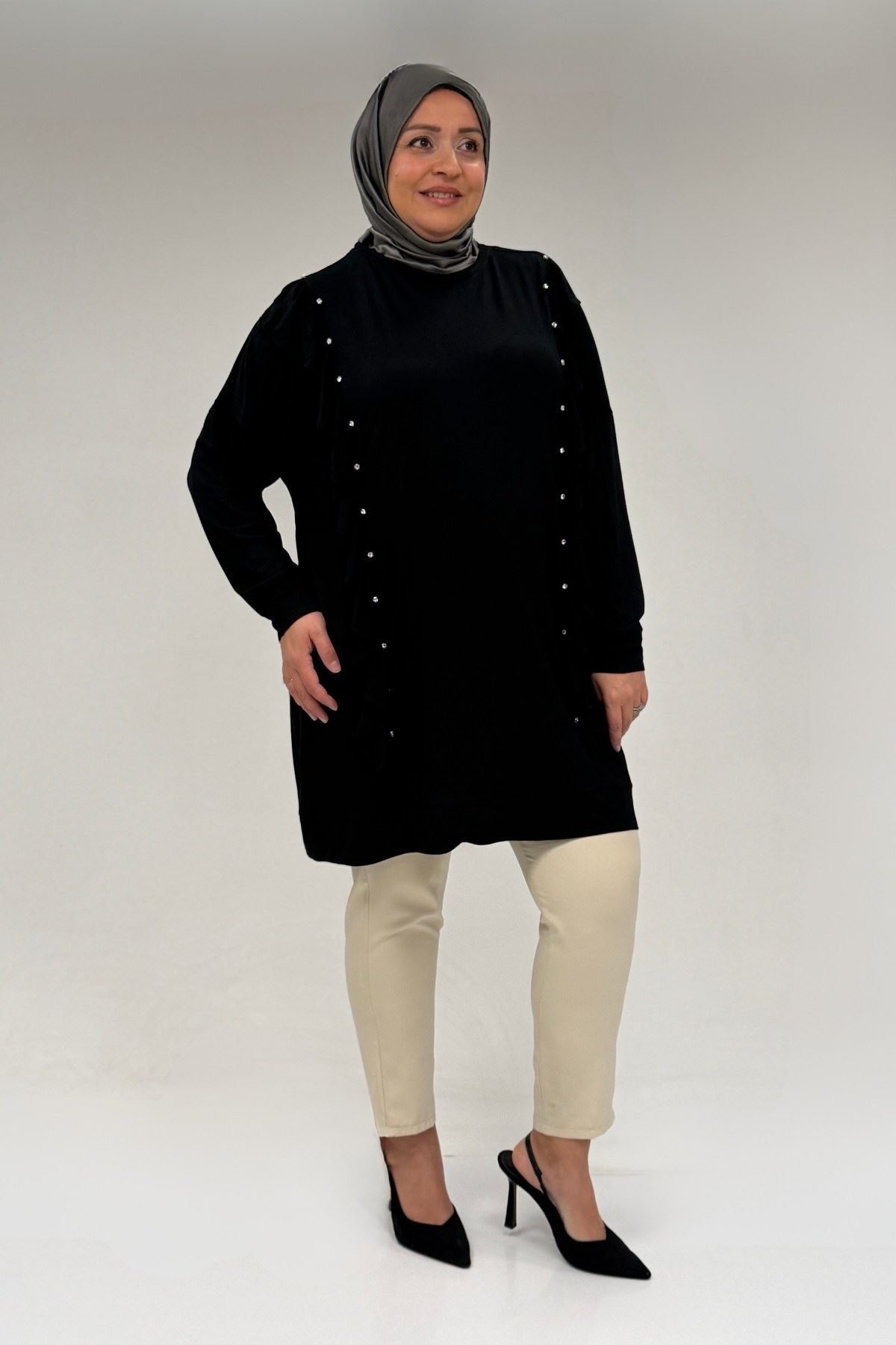 58074 Büyük Beden Fırfır Ve Taş Detaylı Penye Tunik - Siyah