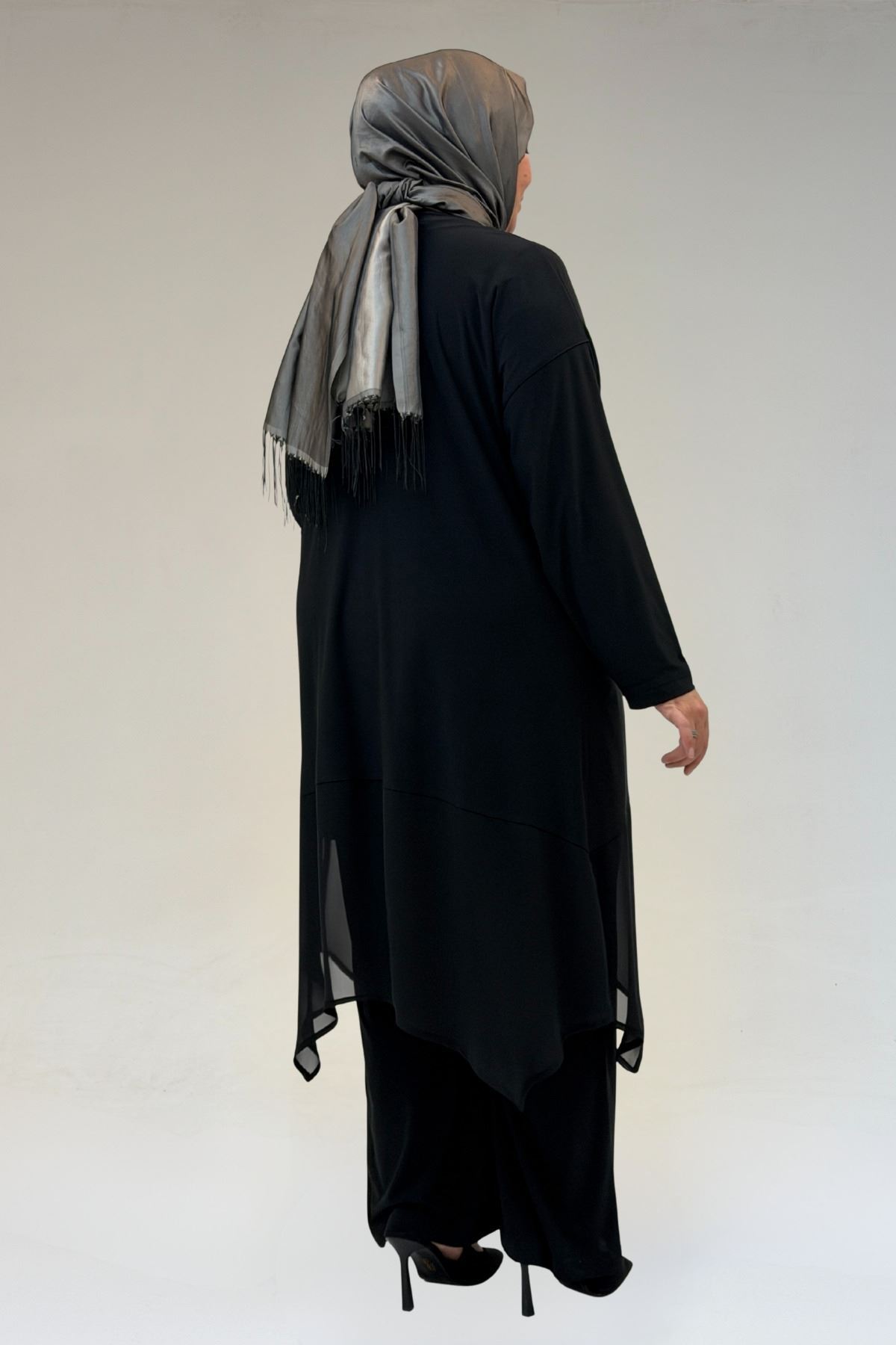 67302 Büyük Beden Üçlü Sandy - Şifon Pantolonlu Takım - Siyah