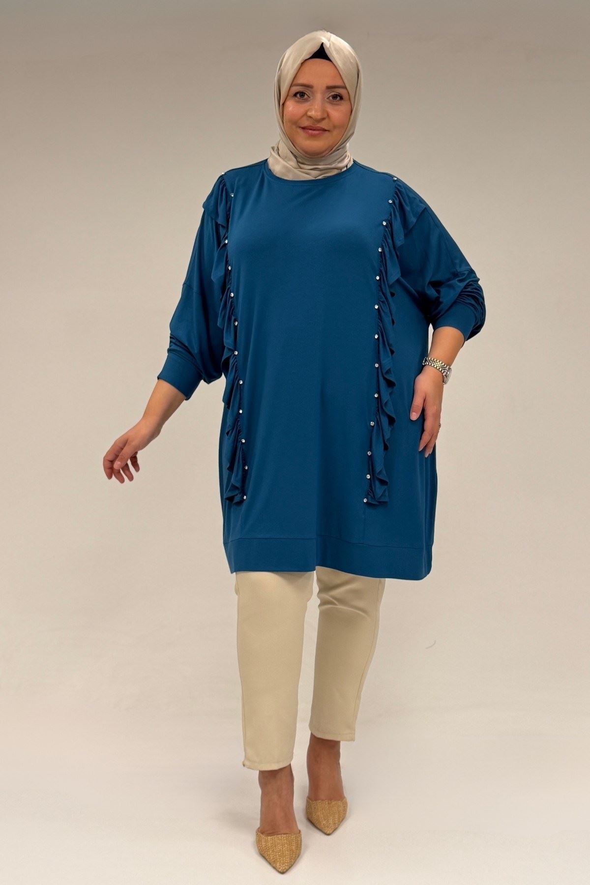 58074 Büyük Beden Fırfır Ve Taş Detaylı Penye Tunik - Petrol