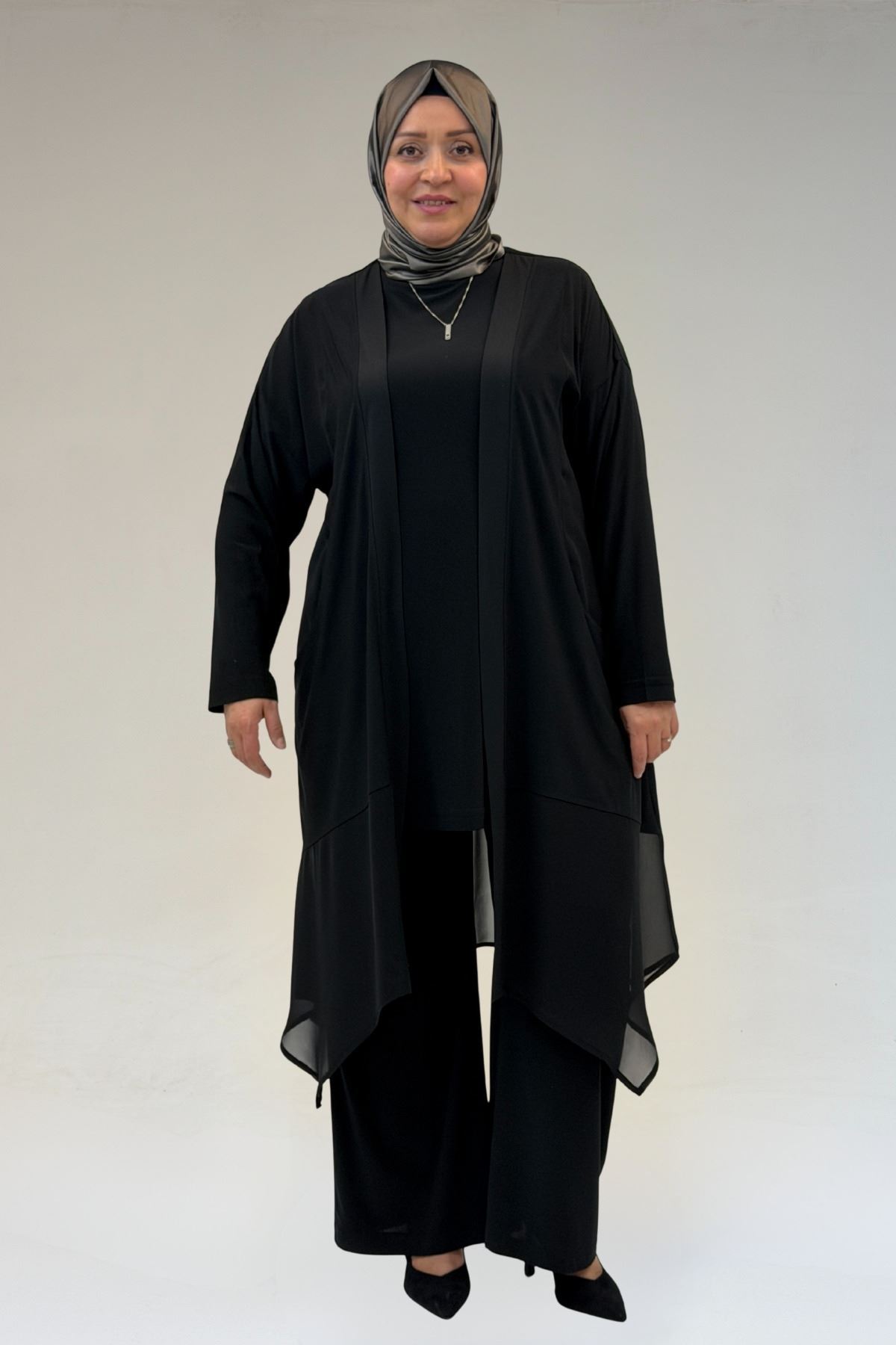 67302 Büyük Beden Üçlü Sandy - Şifon Pantolonlu Takım - Siyah