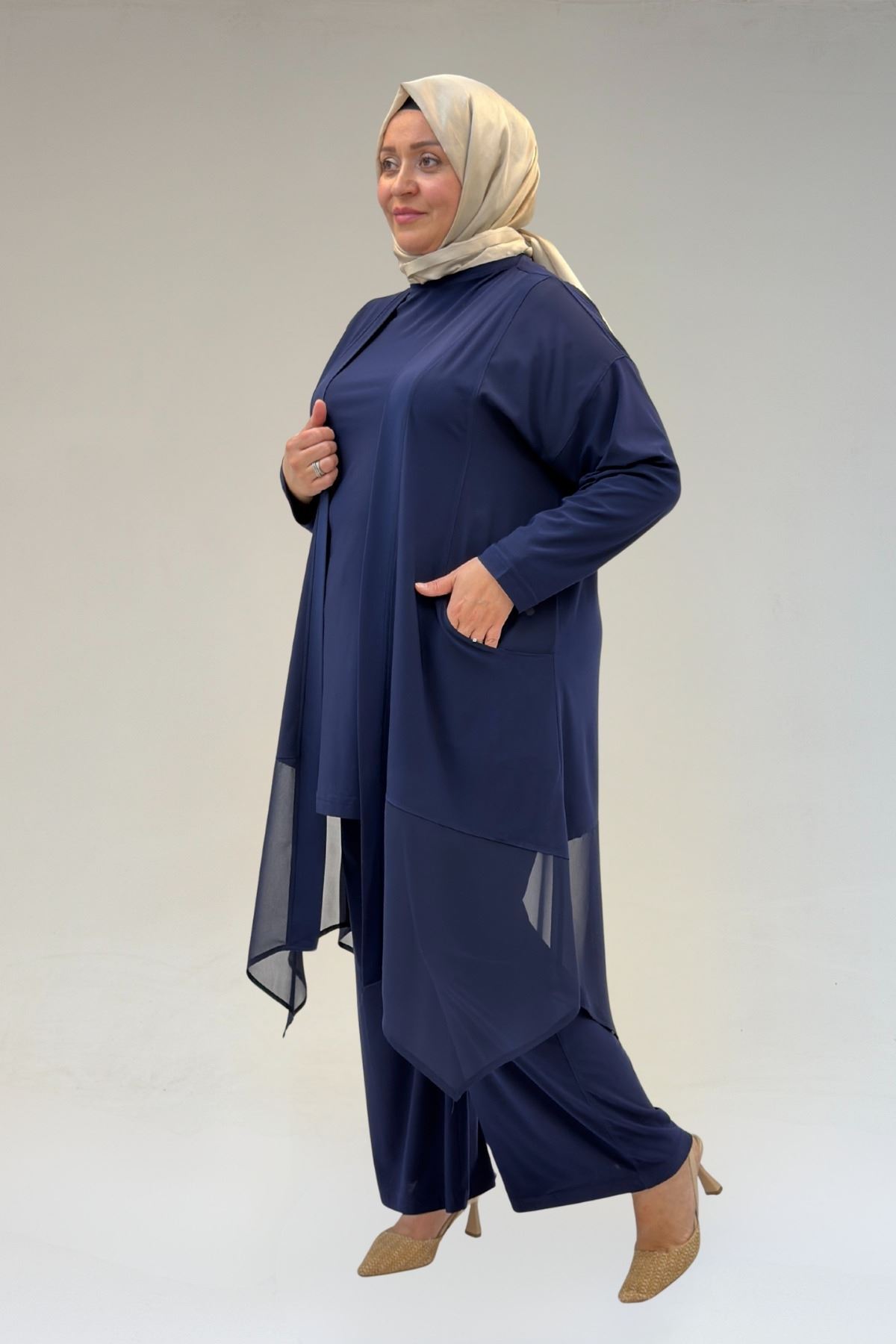 67302 Büyük Beden Üçlü Sandy - Şifon Pantolonlu Takım - Lacivert