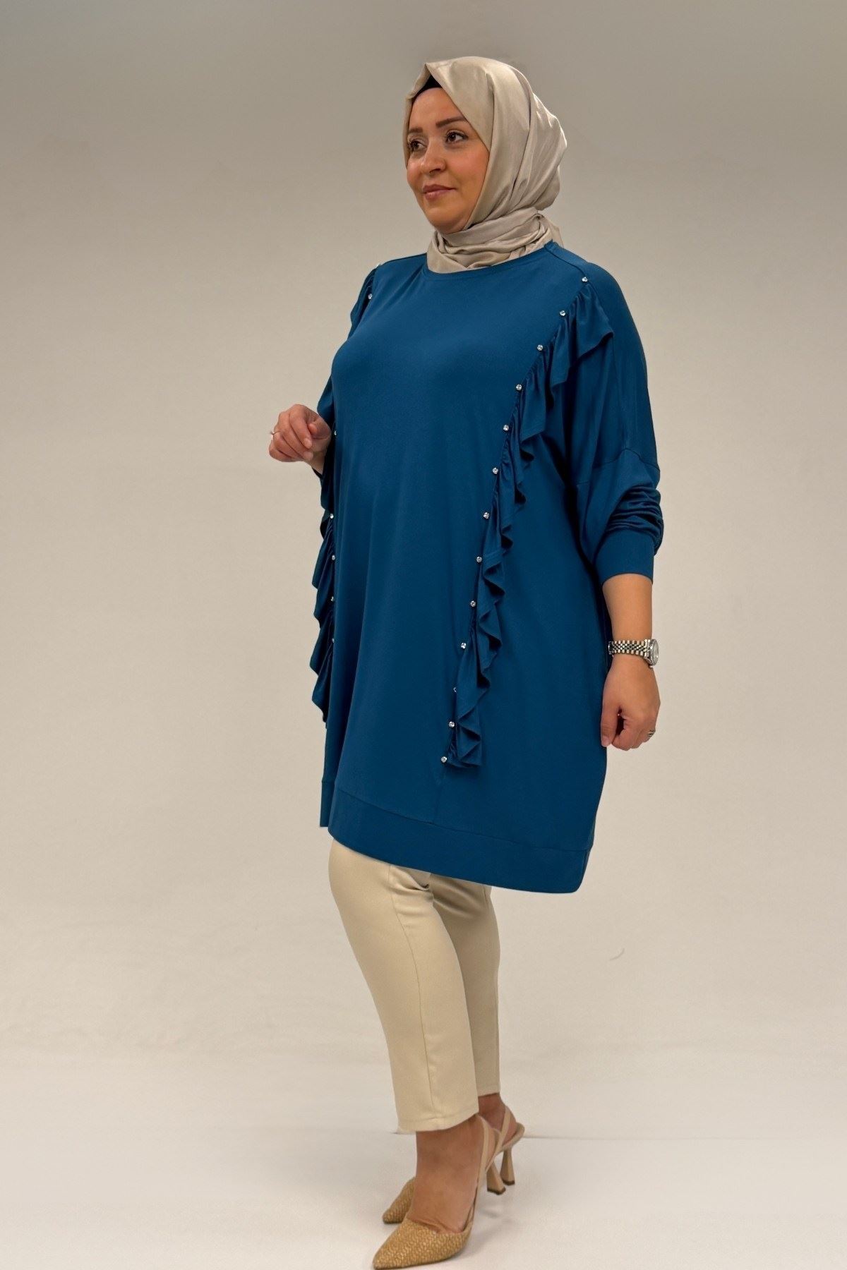 58074 Büyük Beden Fırfır Ve Taş Detaylı Penye Tunik - Petrol