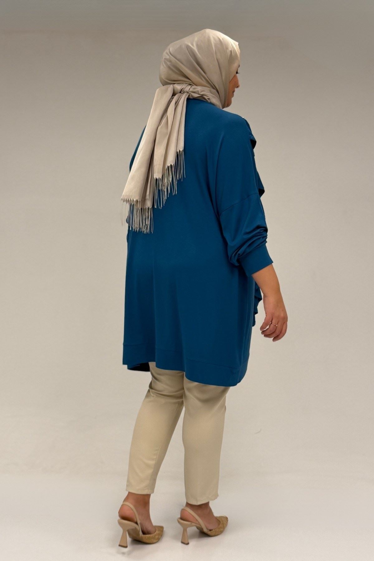 58074 Büyük Beden Fırfır Ve Taş Detaylı Penye Tunik - Petrol