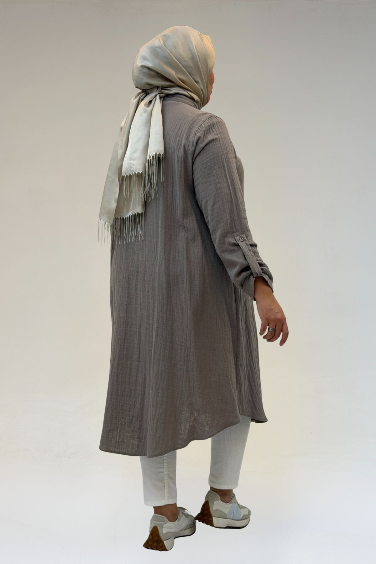 58092 Büyük Beden Çift Düğme Detaylı Müslin Gömlek - Vizon