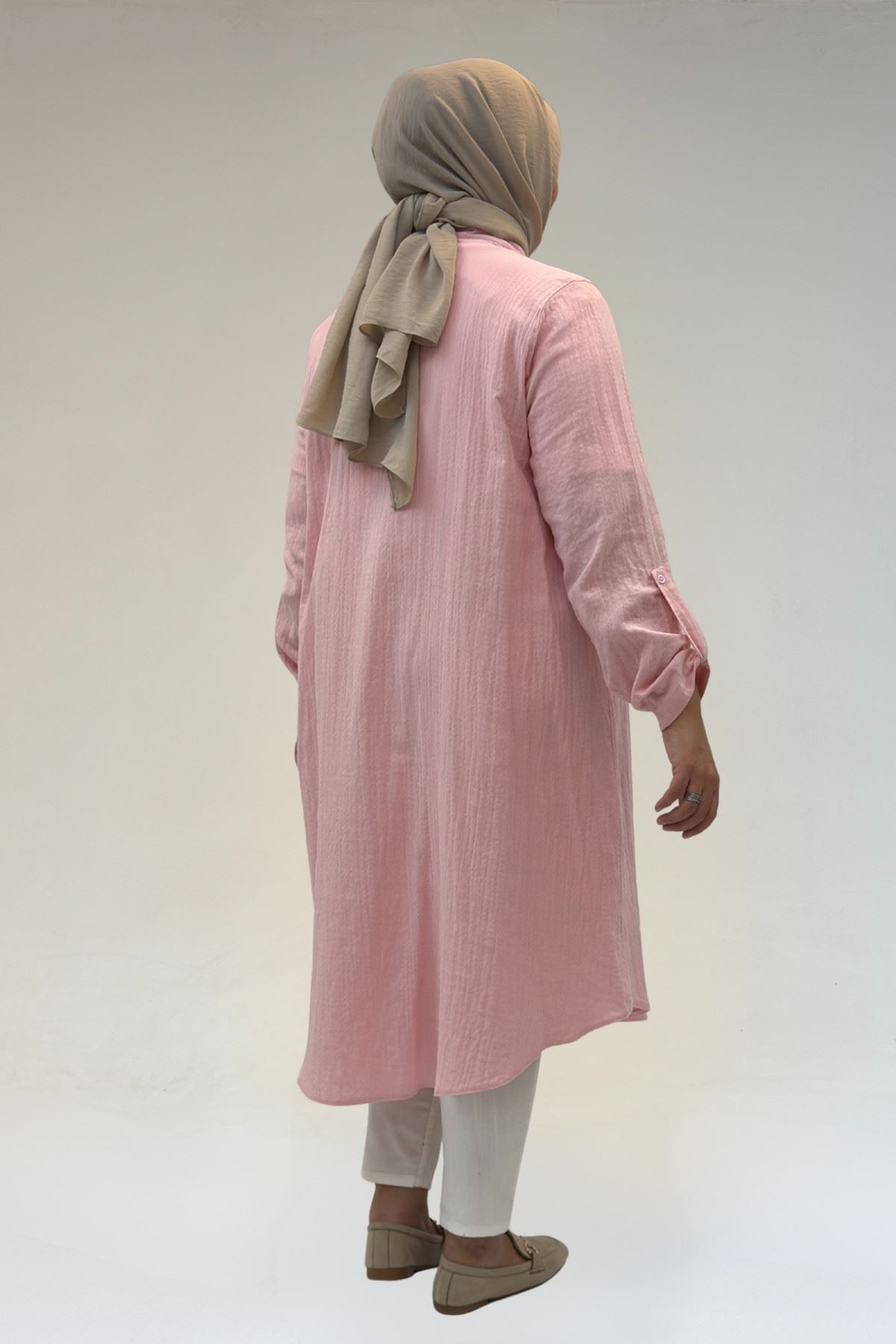 58092 Büyük Beden Çift Düğme Detaylı Müslin Gömlek - Şeker Pembesi