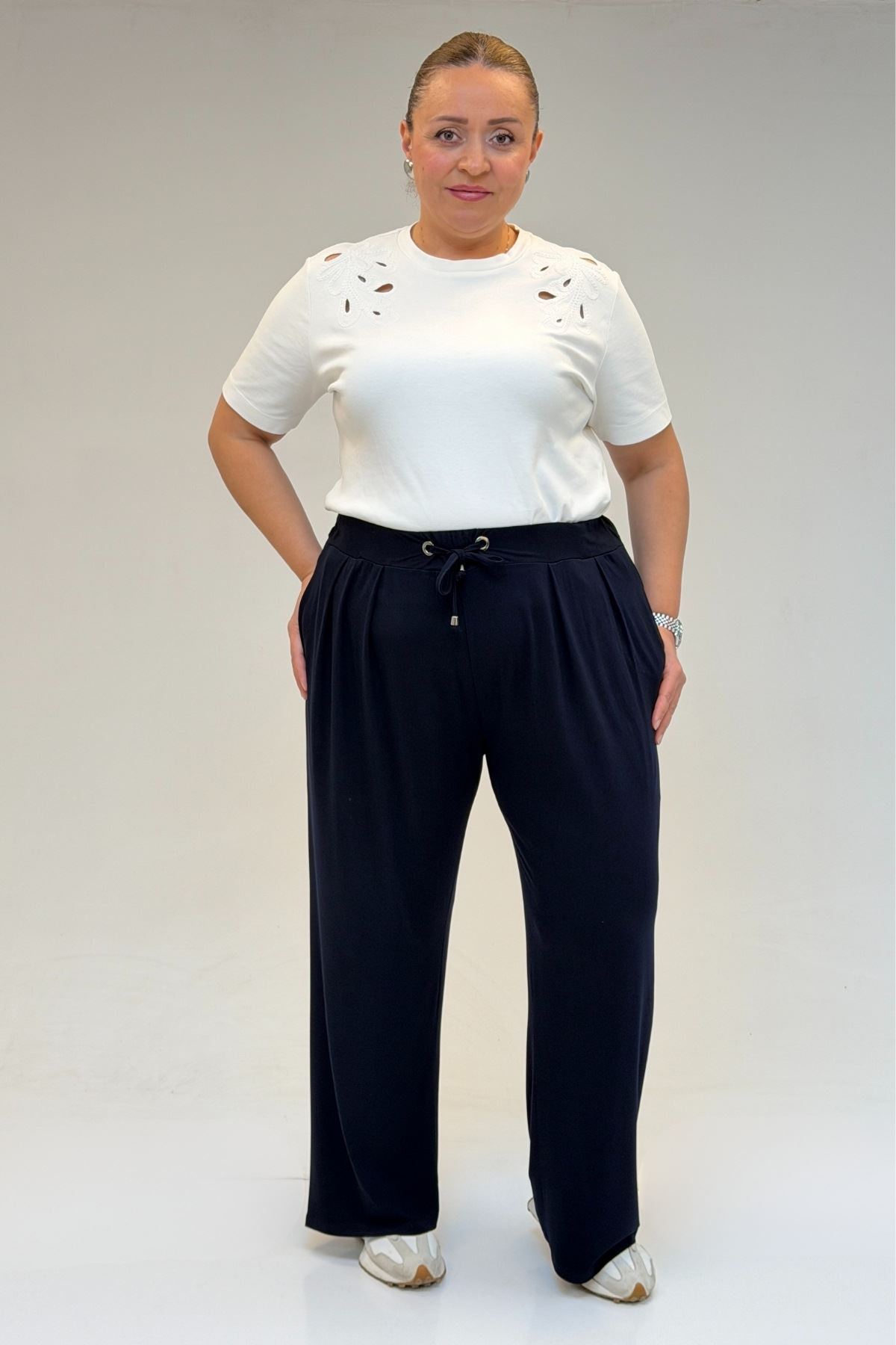 59002 Büyük Beden Pile Detaylı Penye Pantolon - Lacivert