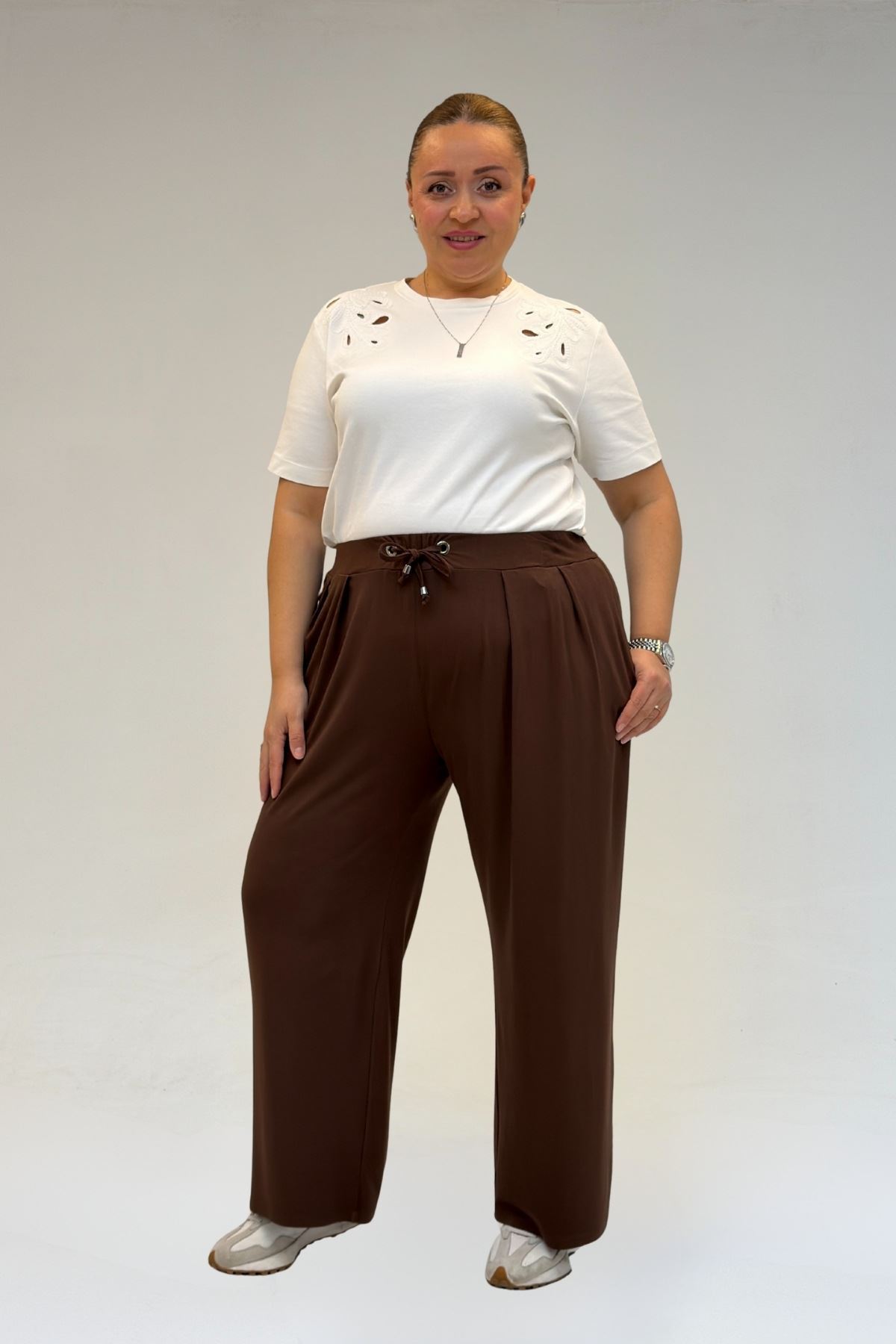 59002 Büyük Beden Pile Detaylı Penye Pantolon - Kahve