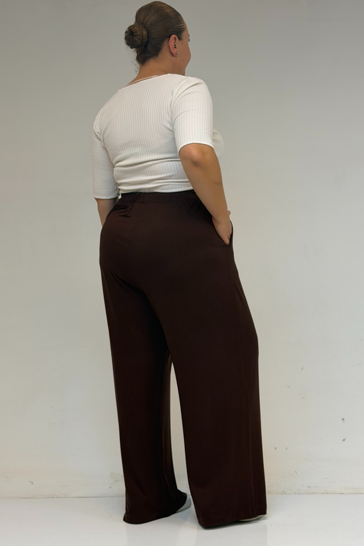 39000 Büyük Beden Yüksek Beli Lastikli Penye Pantolon - Kahve