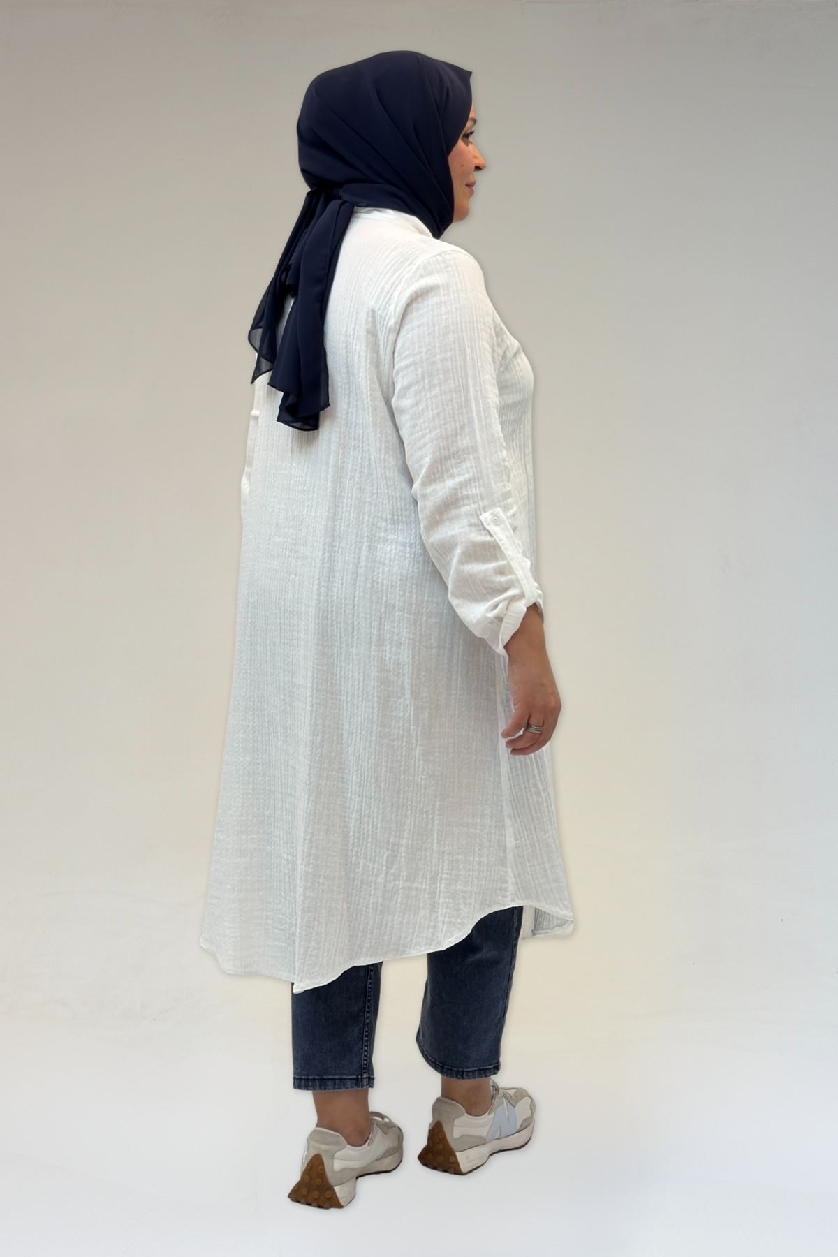 58092 Büyük Beden Çift Düğme Detaylı Müslin Gömlek - Ekru