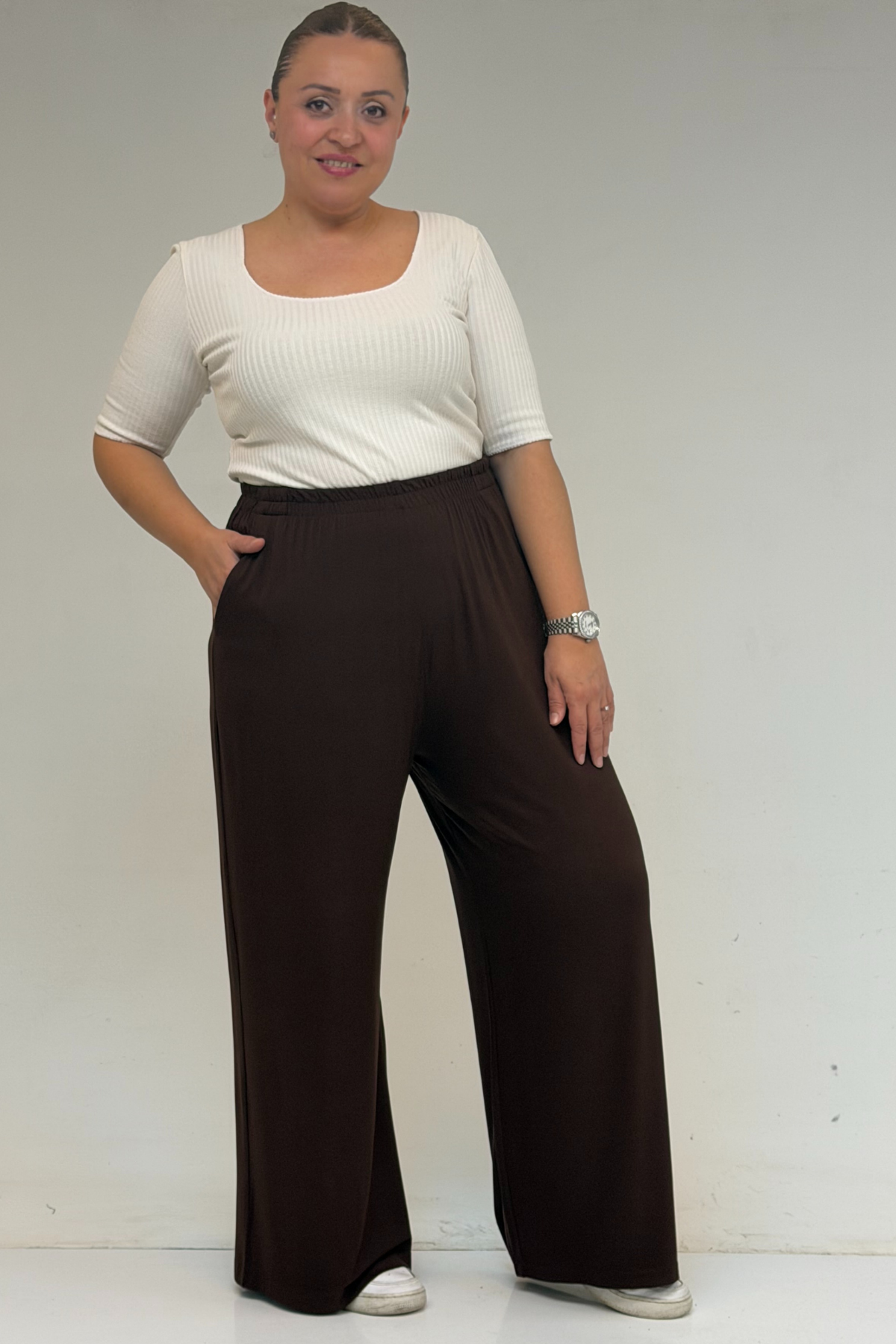 39000 Büyük Beden Yüksek Beli Lastikli Penye Pantolon - Kahve