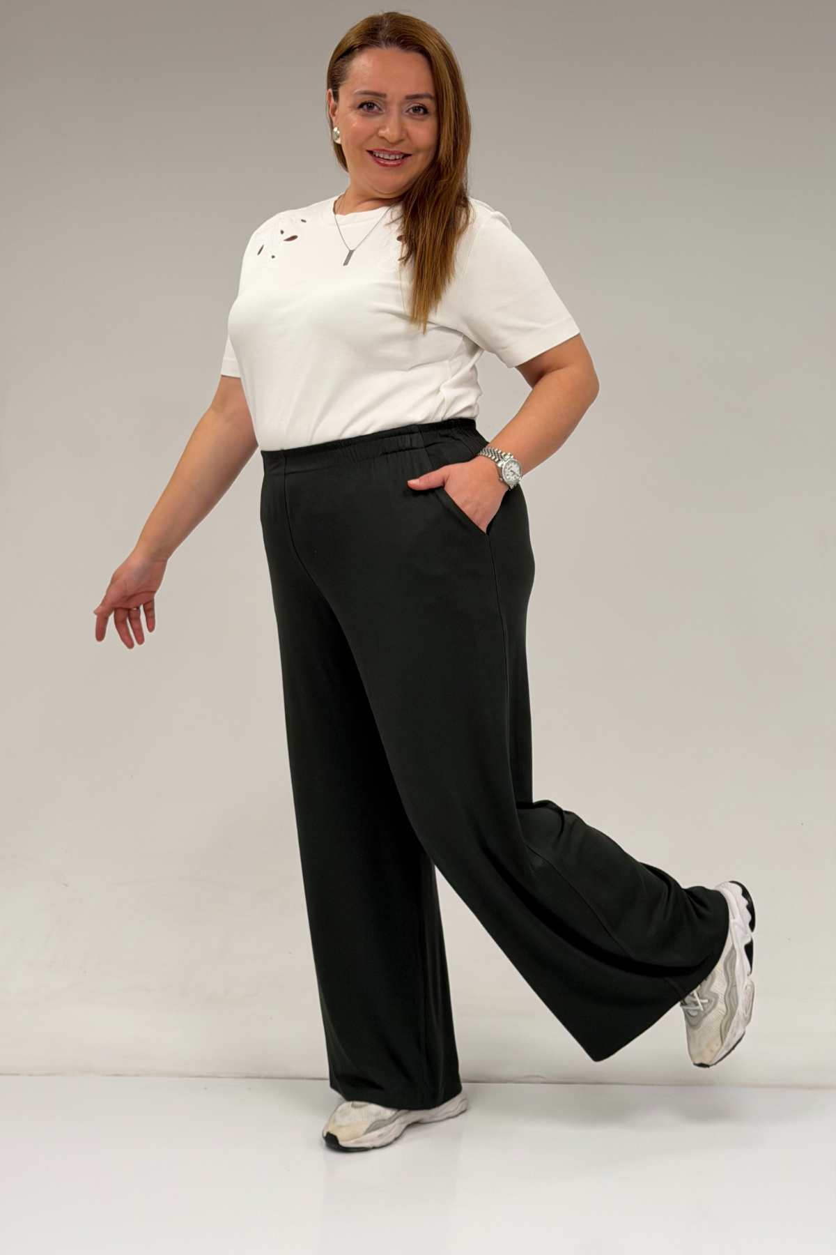 39000 Büyük Beden Yüksek Beli Lastikli Bol Paça Penye Pantolon - Haki