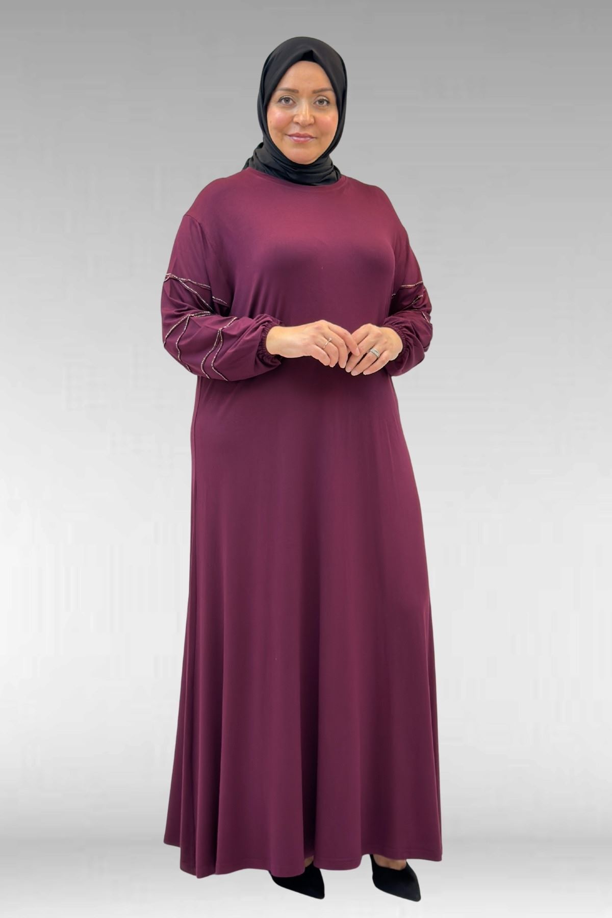 52021 Büyük Beden Çimalı Taş Detaylı Penye Elbise - Bordo