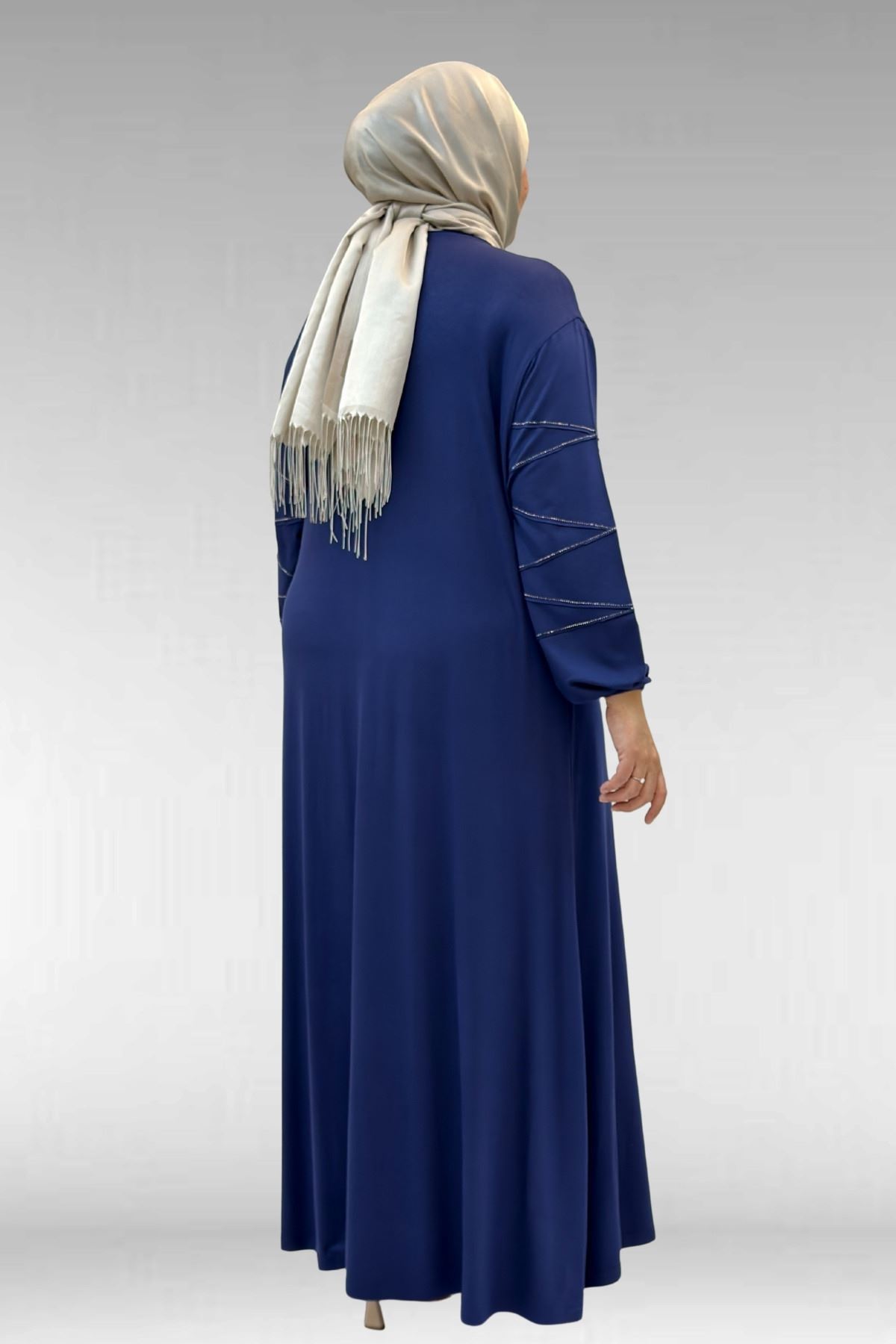 52021 Büyük Beden Çimalı Taş Detaylı Penye Elbise - İndigo