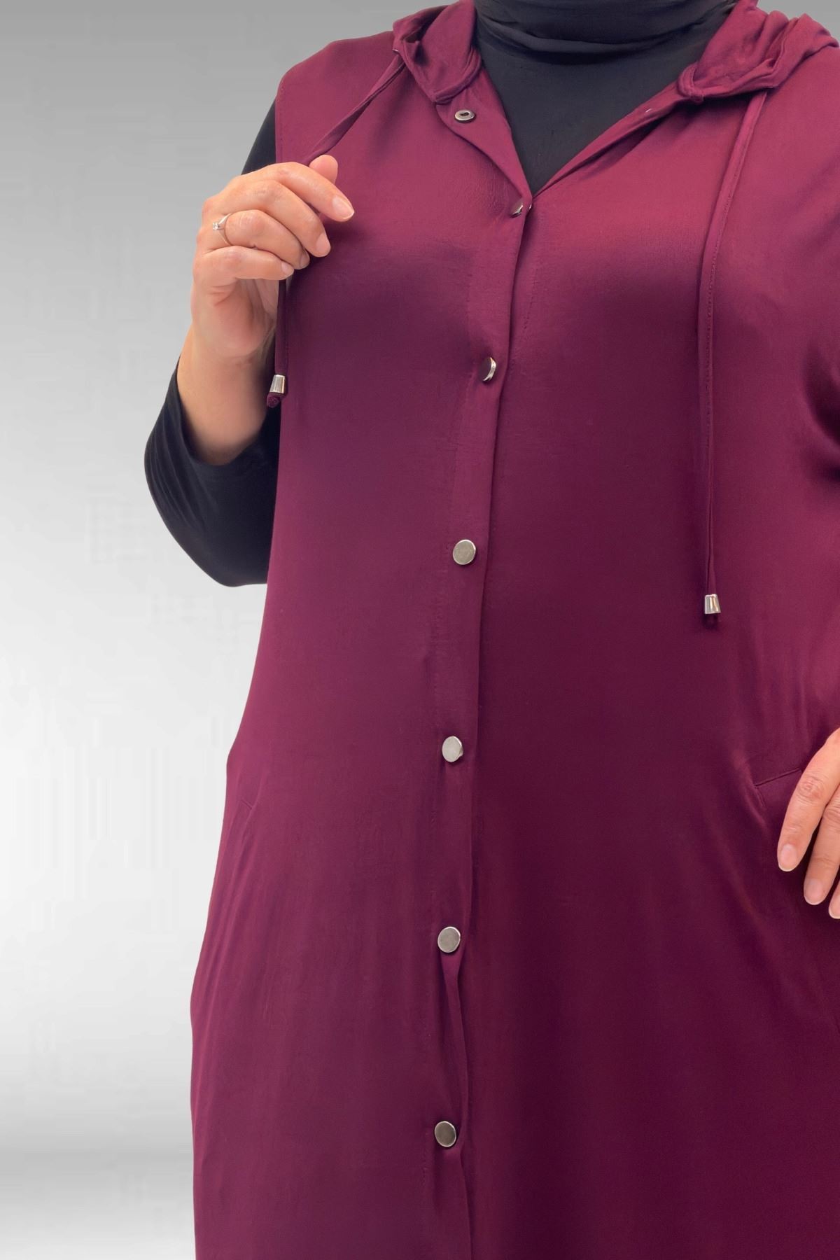 34001 Büyük Beden Çıtçıtlı Kapüşonlu Penye Yelek - Bordo