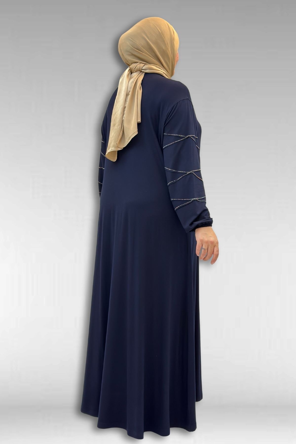 52021 Büyük Beden Çimalı Taş Detaylı Penye Elbise - Lacivert