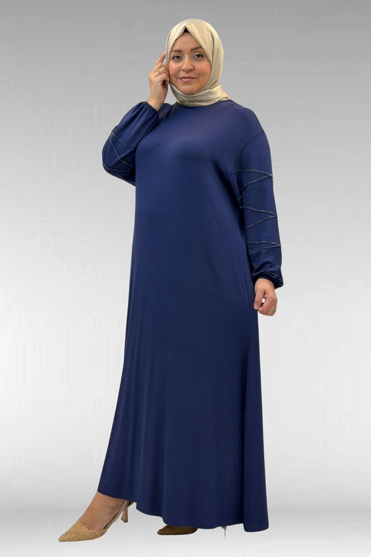 52021 Büyük Beden Çimalı Taş Detaylı Penye Elbise - İndigo