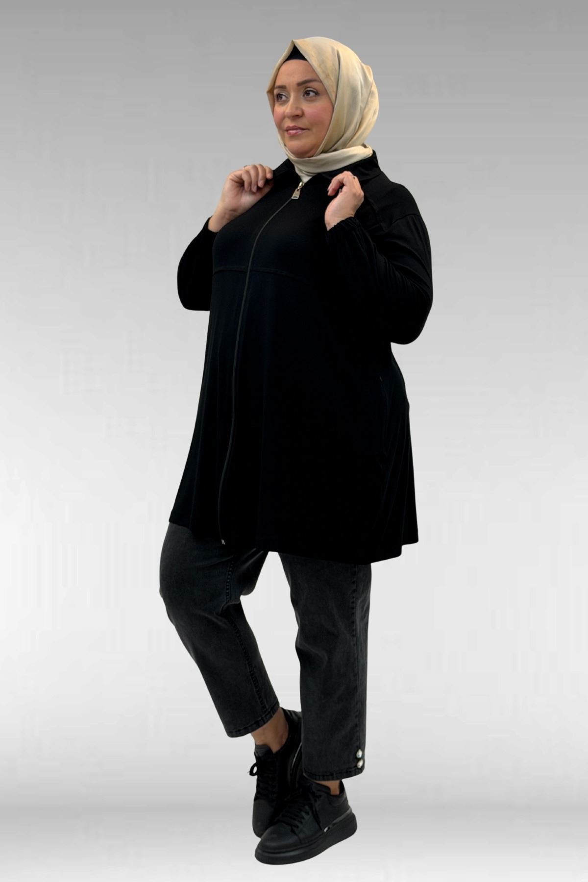 63002 Büyük Beden Fermuarlı  Penye Ceket - Siyah