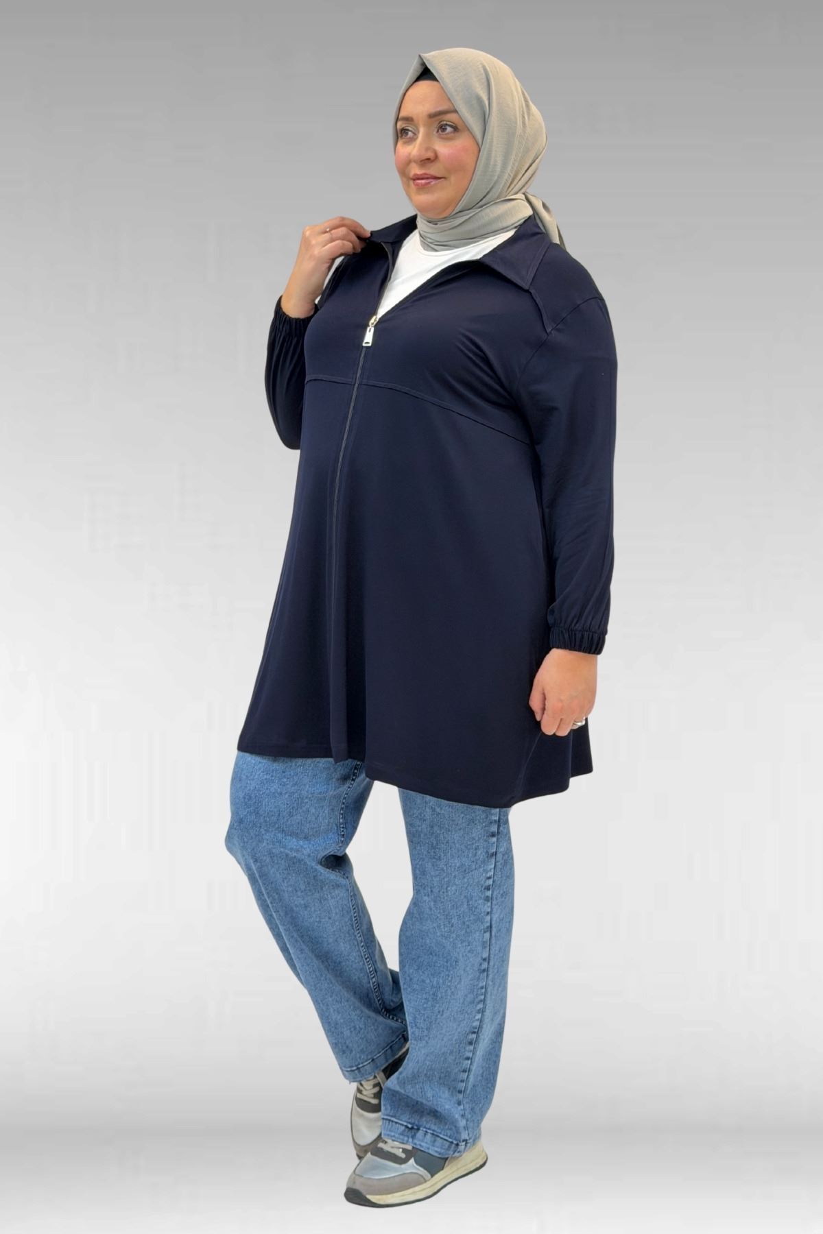 63002 Büyük Beden Fermuarlı Penye Ceket - Lacivert