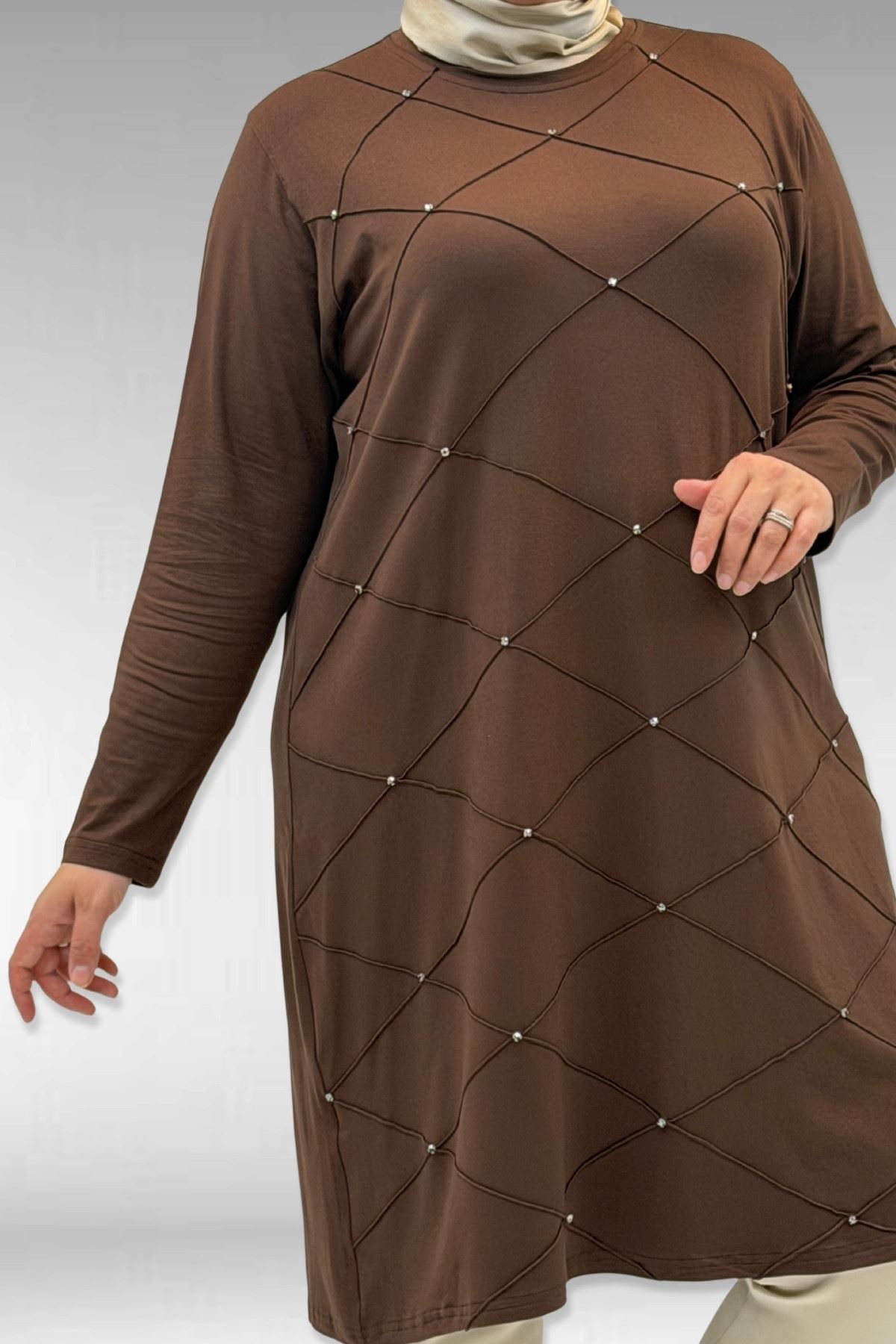 68004 Büyük Beden Çıma Detaylı Penye Tunik - Kahve