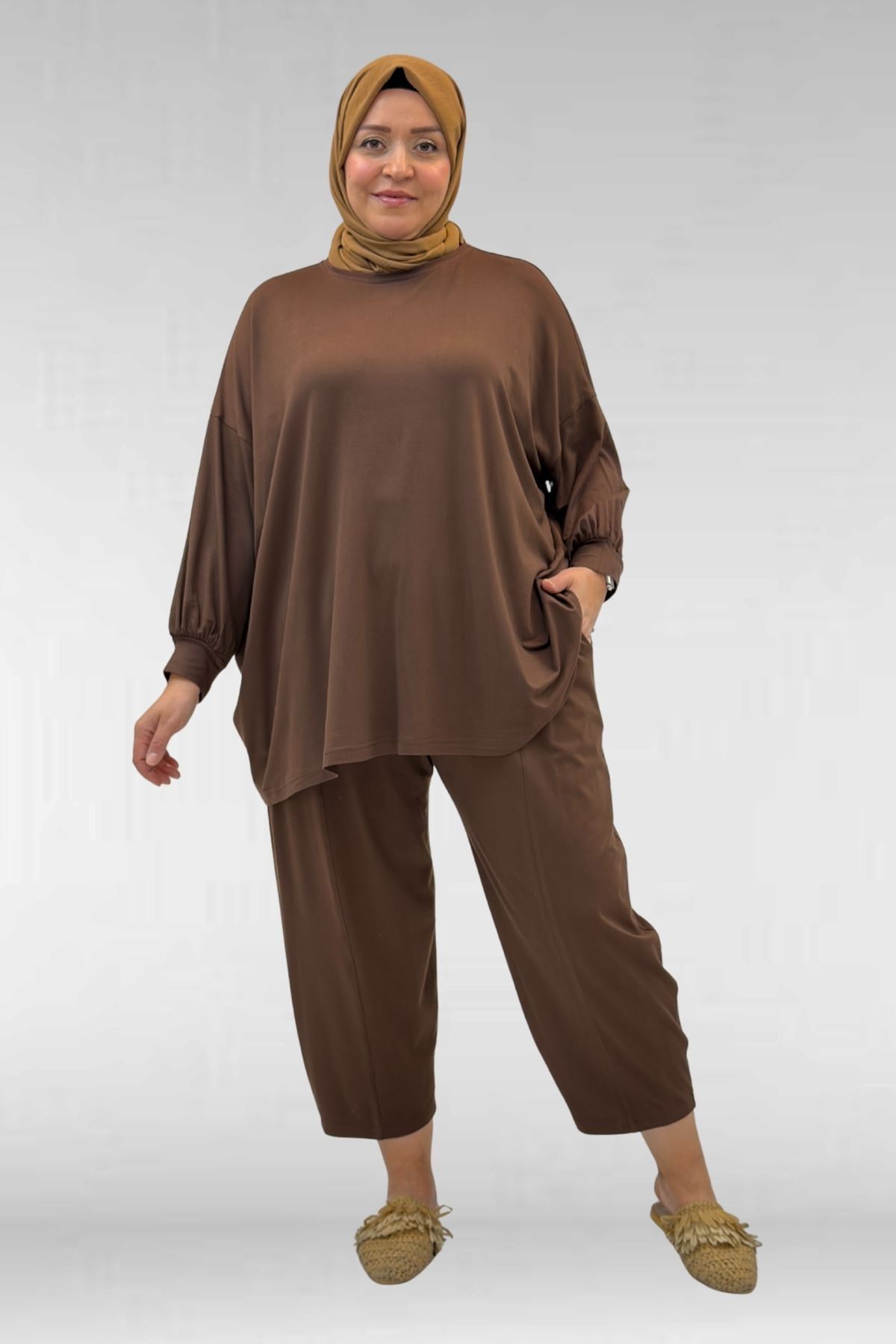 67037 Büyük Beden Düşük Kol Penye Pantolonlu Takım - Kahve