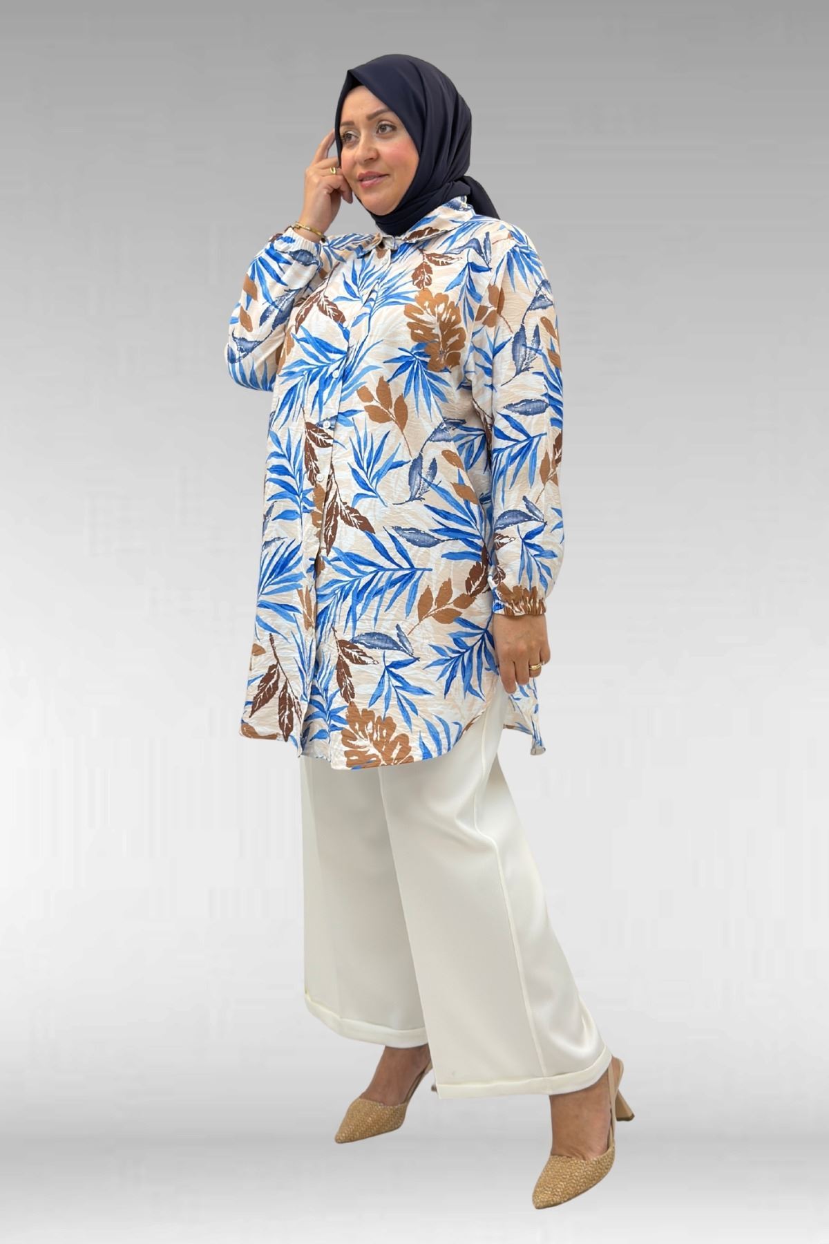 68010 Büyük Beden Yanları Yırtmaçlı Kolları Lastikli Mango Tunik - Desenli Haki