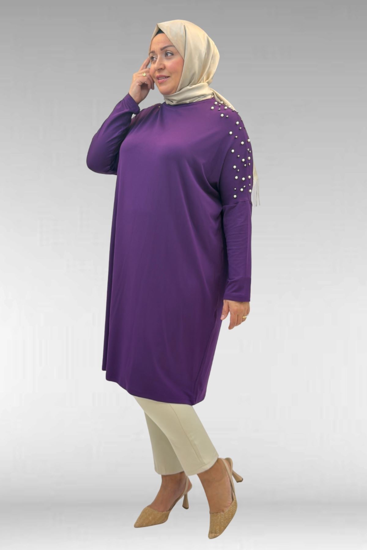 68012 Büyük Beden Omuzları Taş Detaylı Penye Tunik - Mor