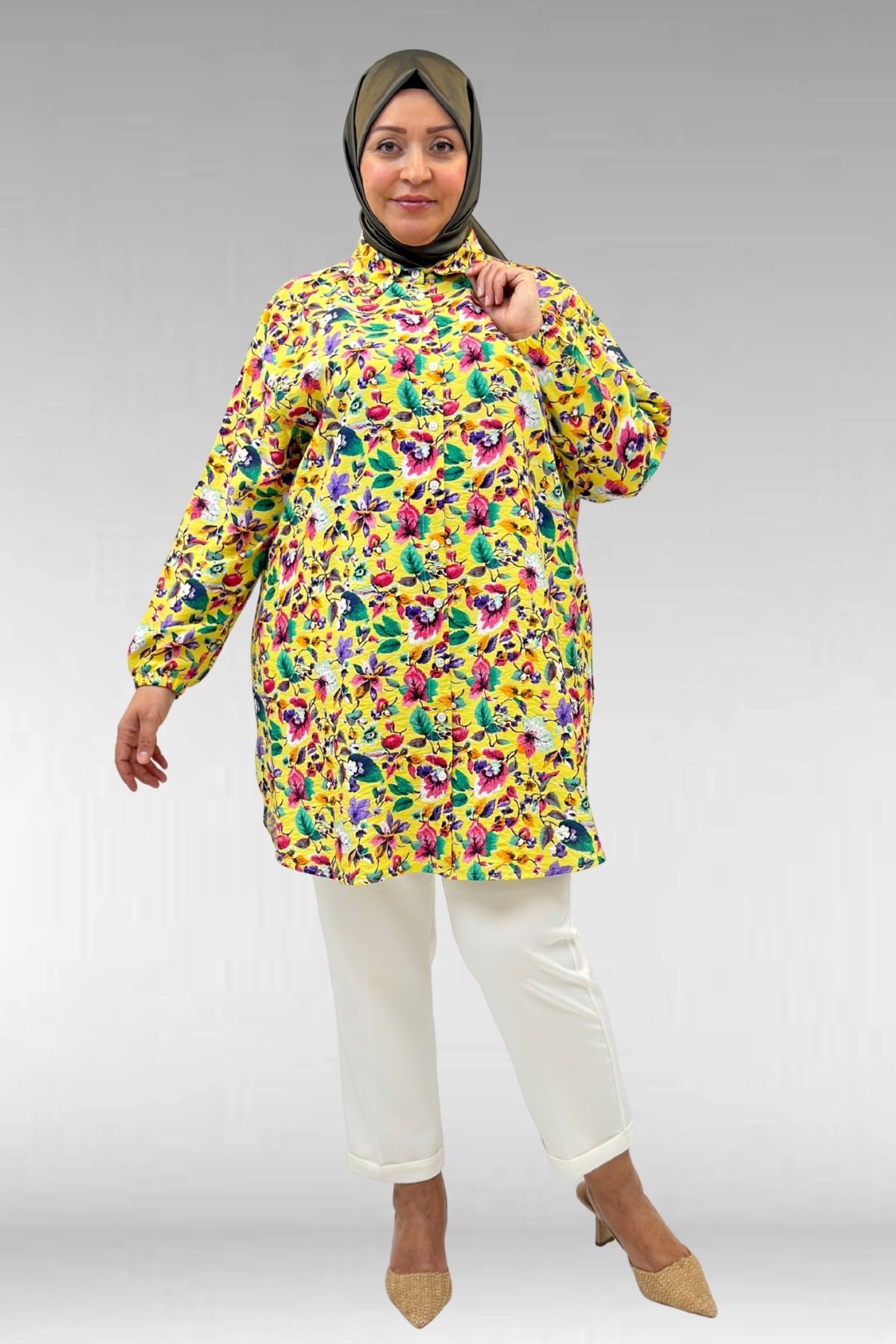 68010 Büyük Beden Yanları Yırtmaçlı Kolları Lastikli Mango Tunik - Desenli Sarı