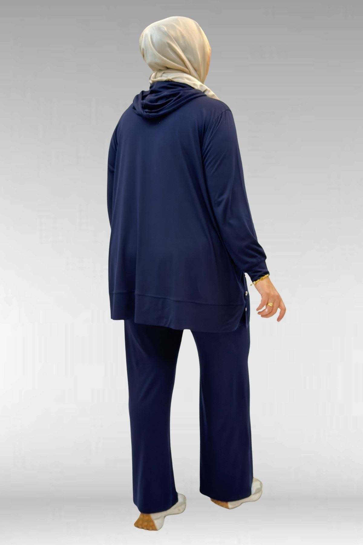 67034 Büyük Beden Yanları Patlı Penye Pantolonlu Takım - Lacivert