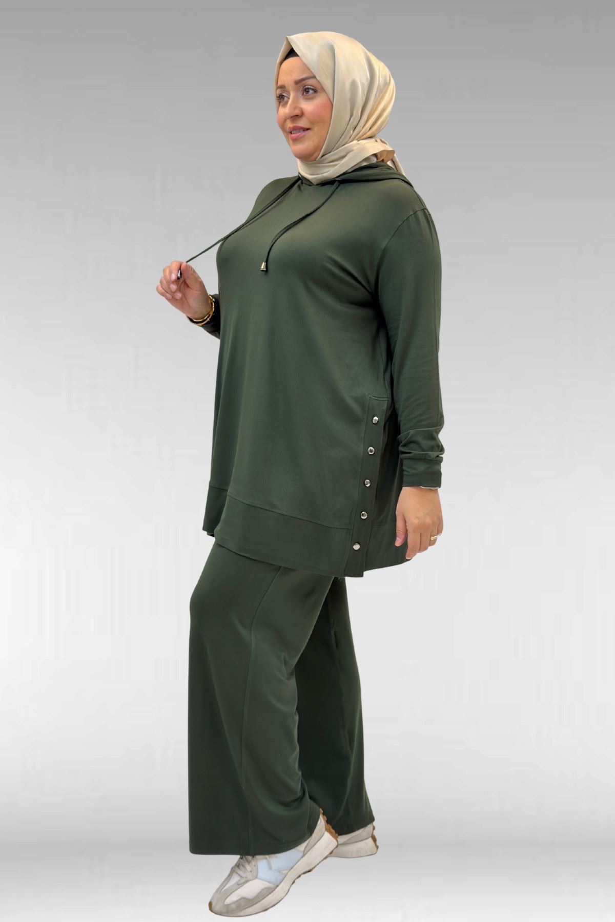 67034 Büyük Beden Yanları Patlı Penye Pantolonlu Takım - Haki